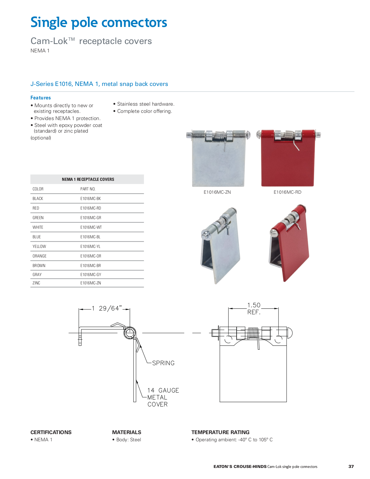 Joy Cooper Interconnect Cam-Lok receptacle covers Catalog Page