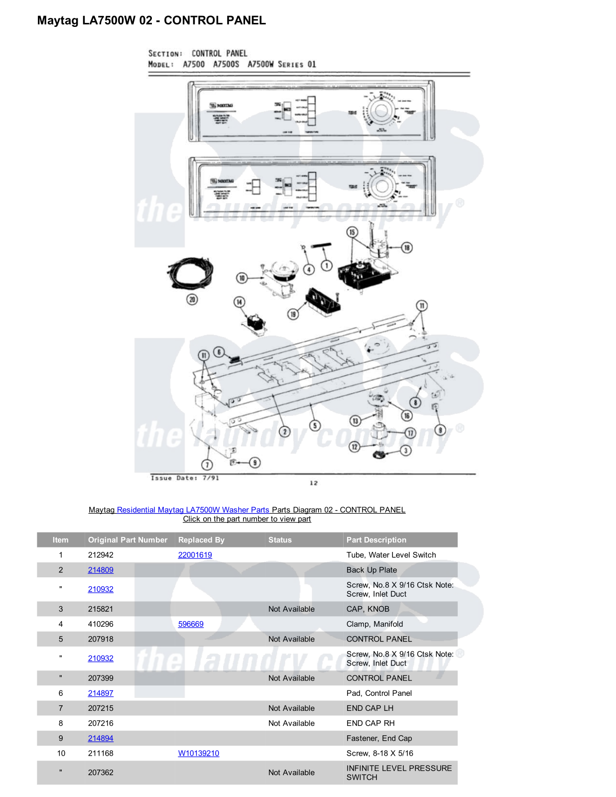 Maytag LA7500W Parts Diagram