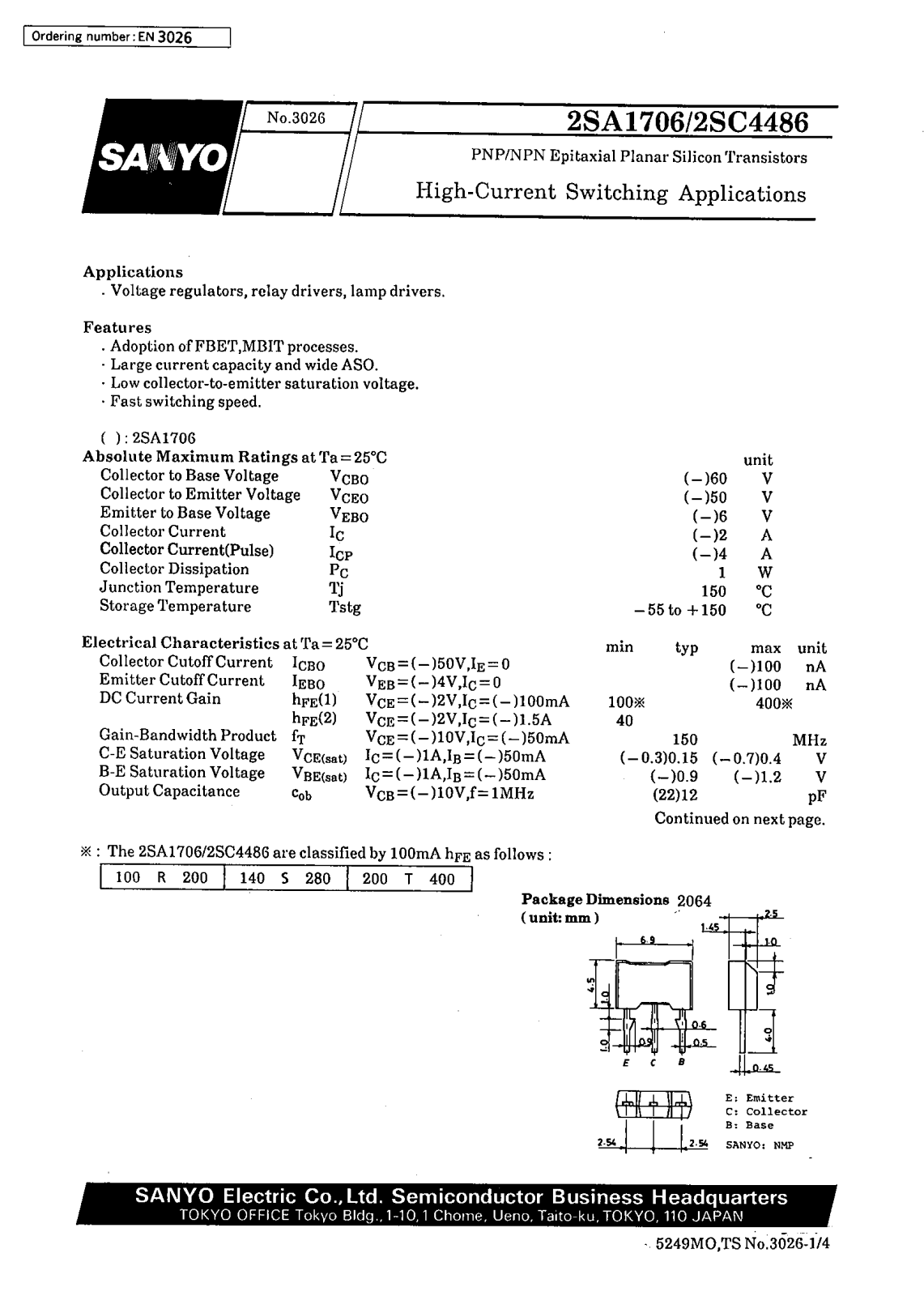 SANYO 2SC4486, 2SA1706 Datasheet