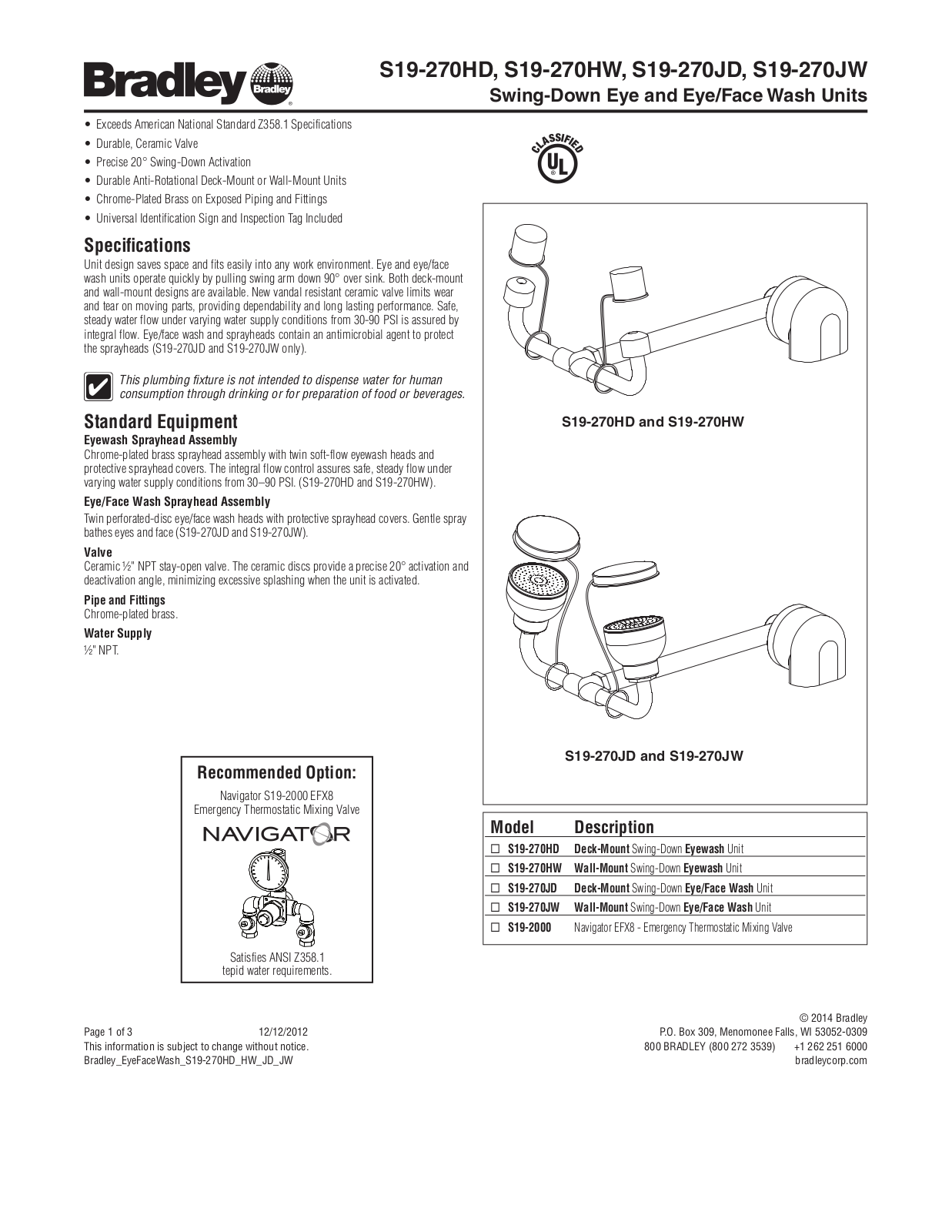 Bradley Corporation S19-270HD, S19-270HW, S19-270JD, S19-270JW User Manual