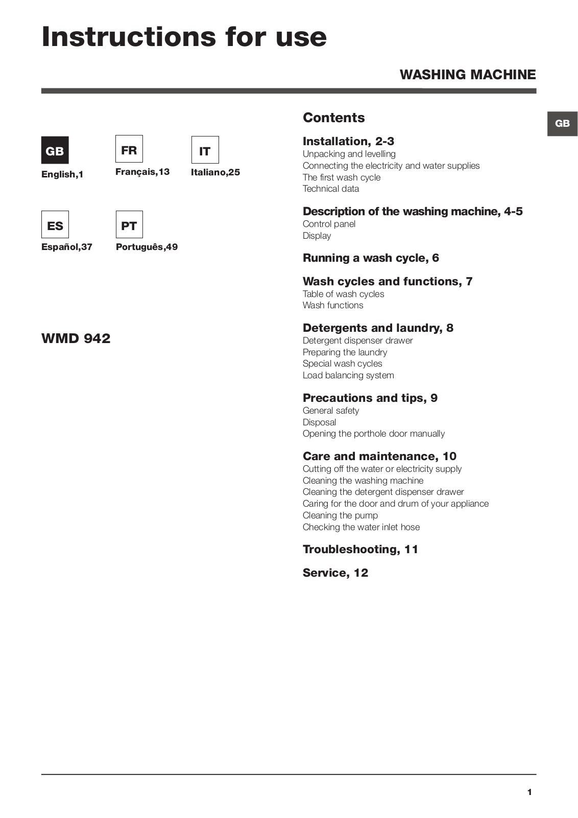 HOTPOINT WMD943BSFR User Manual