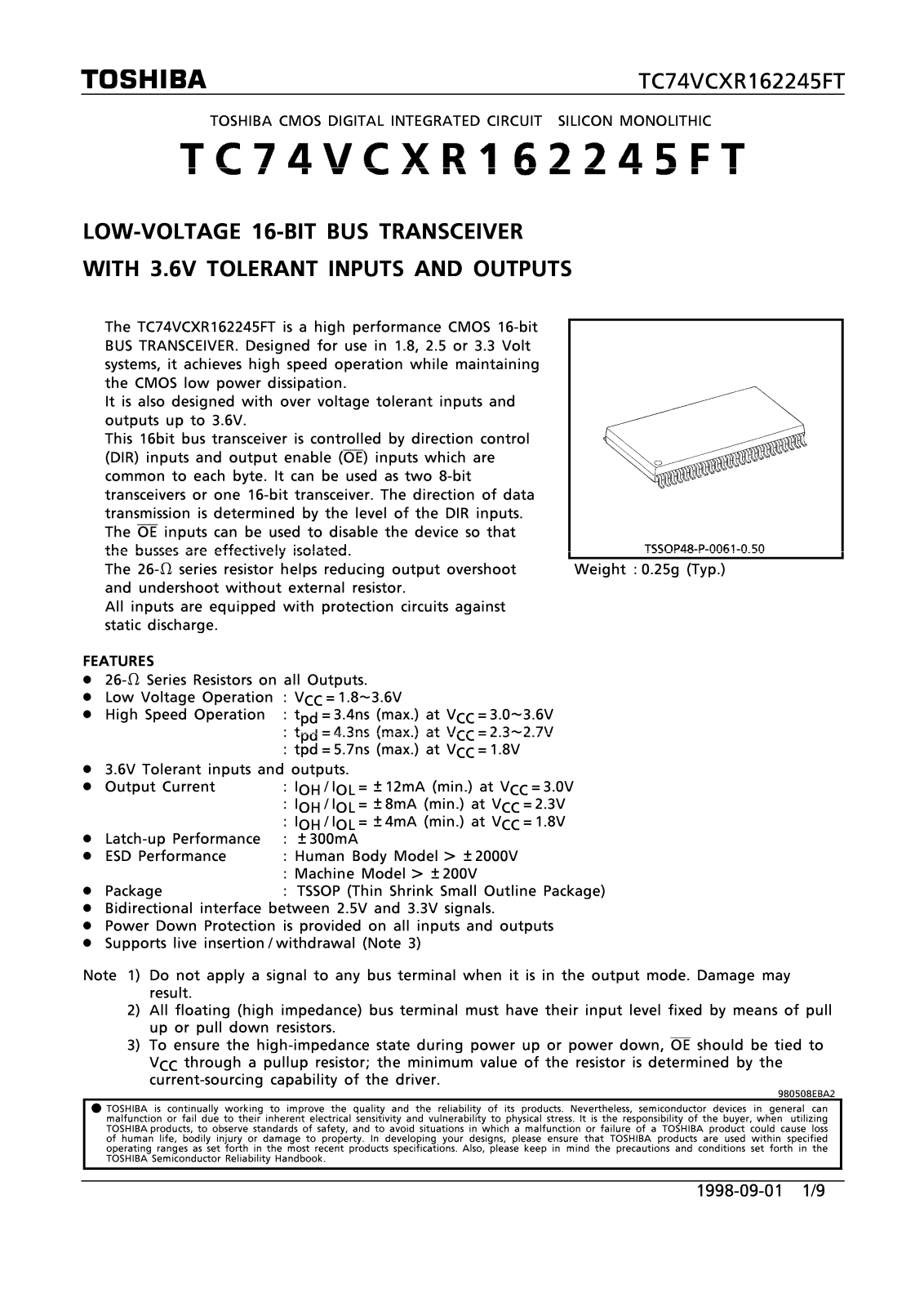 Toshiba TC74VCX162245FT Datasheet