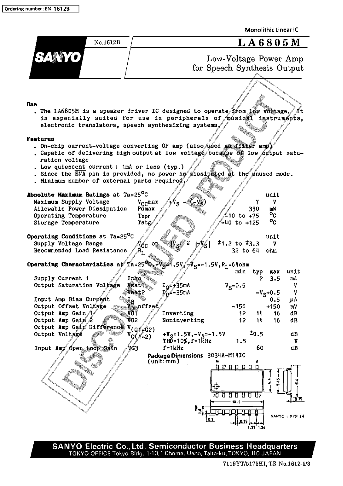 Sanyo LA6805M Specifications