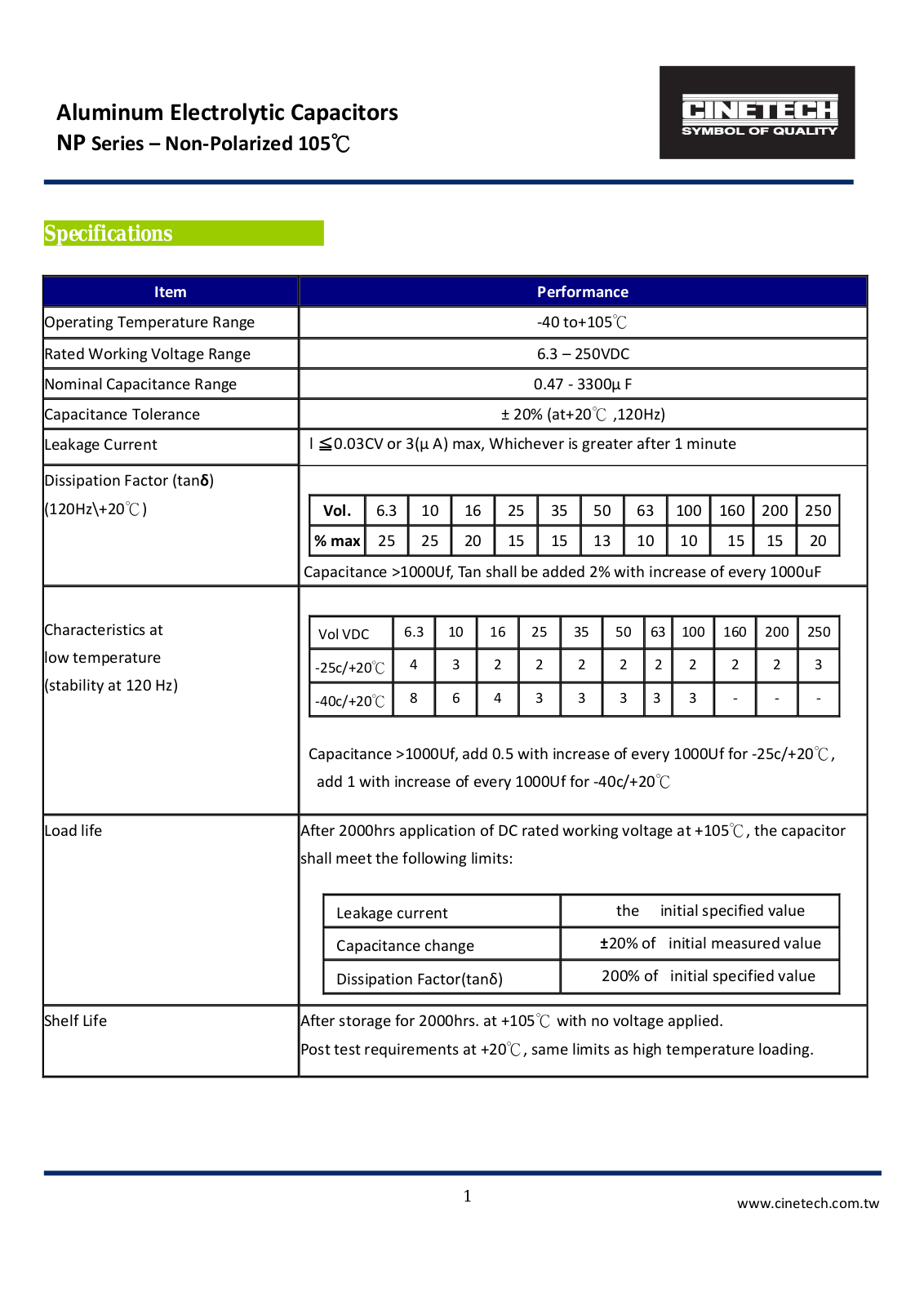 Datasheet Cinetech [radial non-polar] NP Series Datasheet - ManualMachine.com