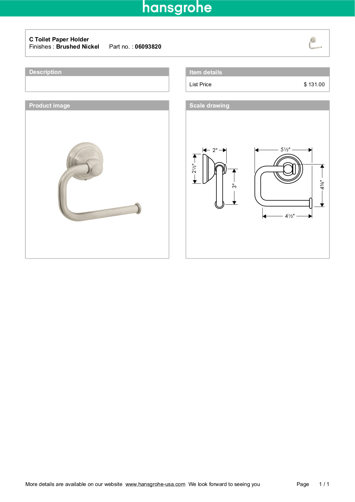 Hansgrohe 06093000 Specs