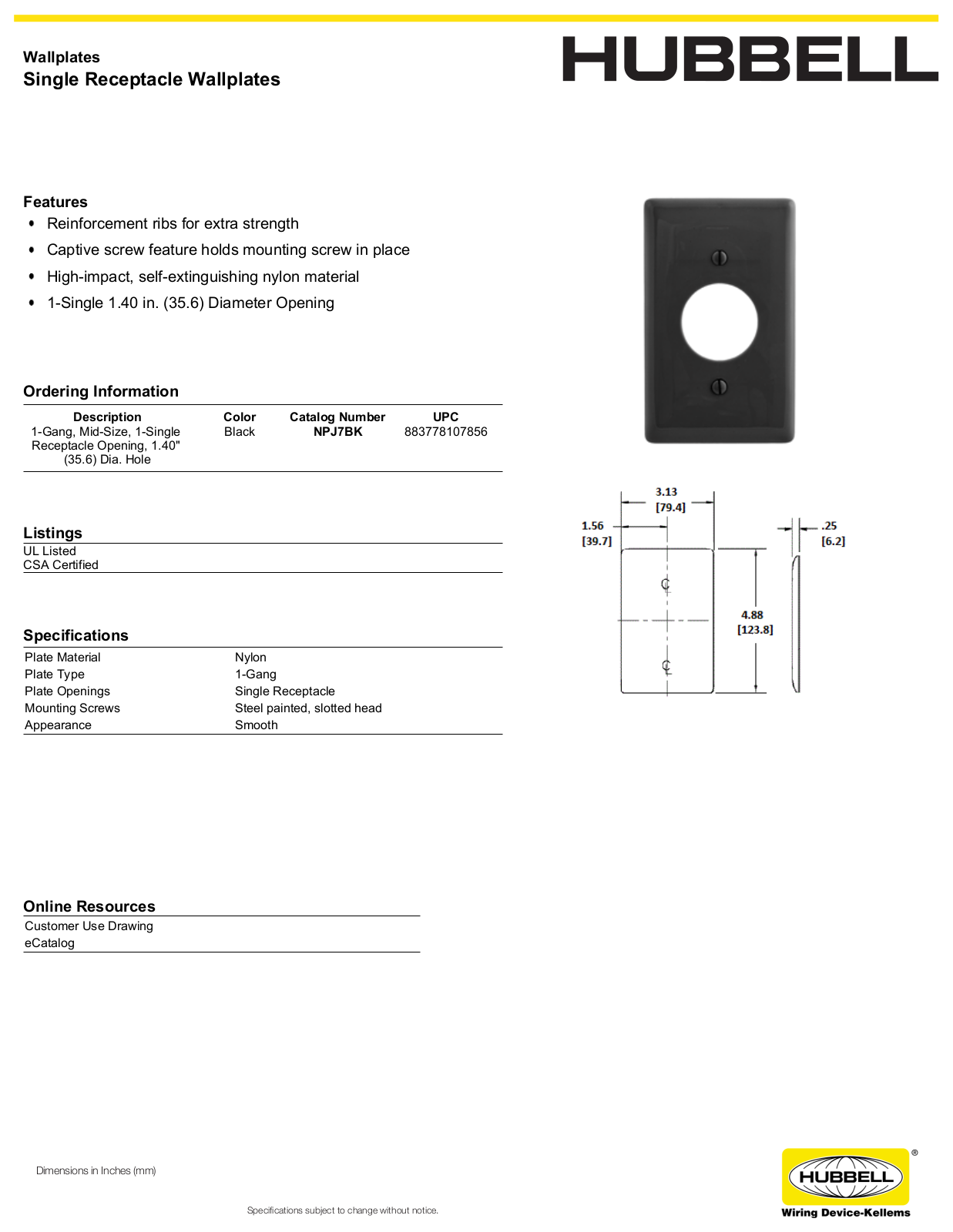 Hubbell NPJ7BK Specifications