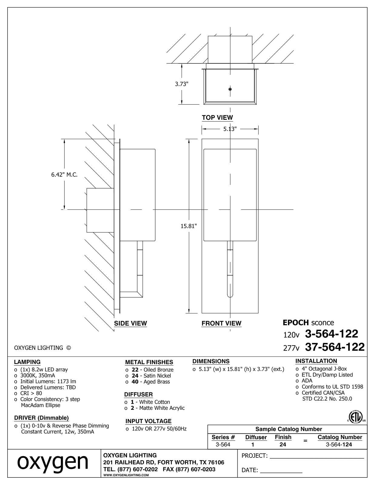 Oxygen Lighting OXGN1251 Specifications - ManualMachine.com