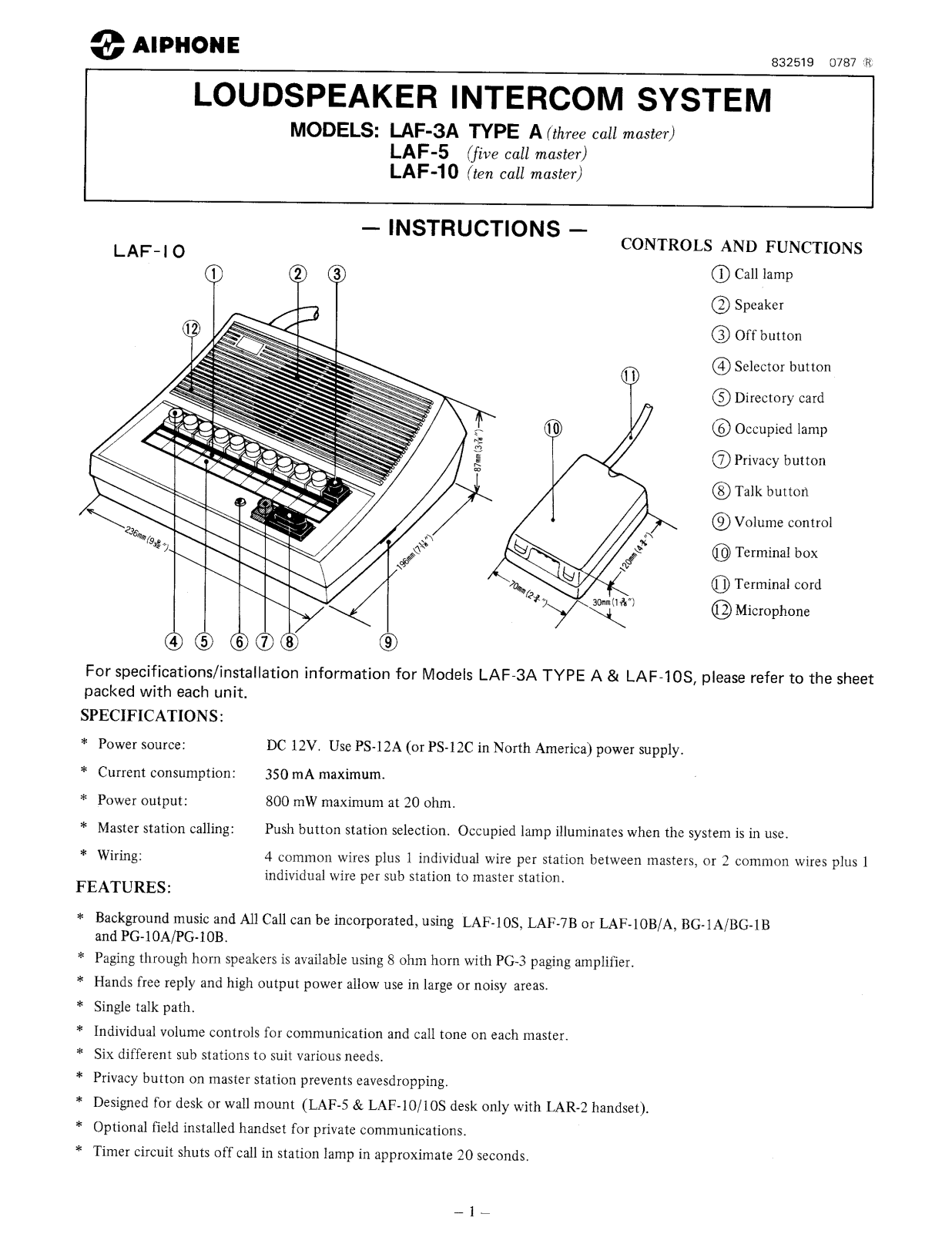 Aiphone LAF-3A, LAF-5, LAF-10 Instruction