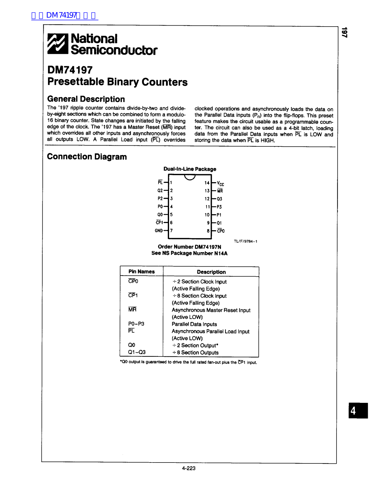 National Semiconductor DM74197 Technical data