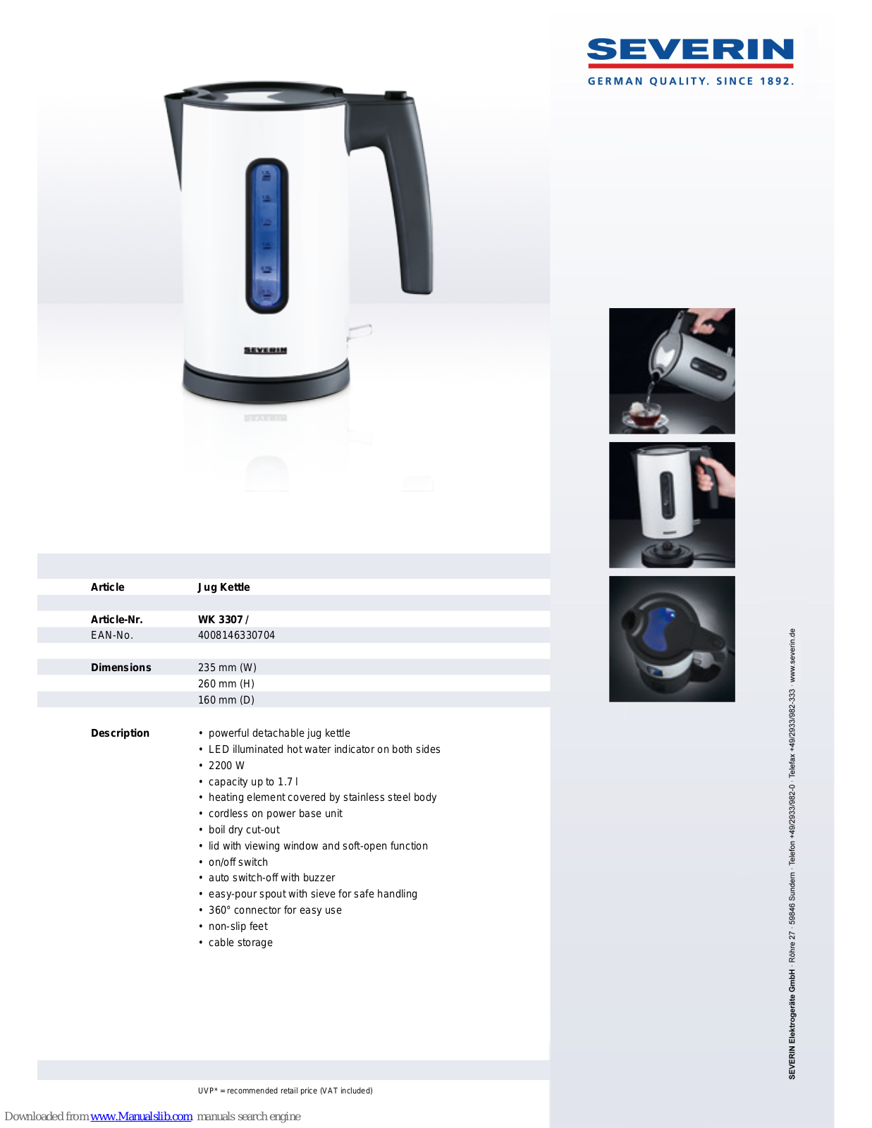 SEVERIN JUG KETTLE - DATASHEET 2, WK 3307 Dimensions