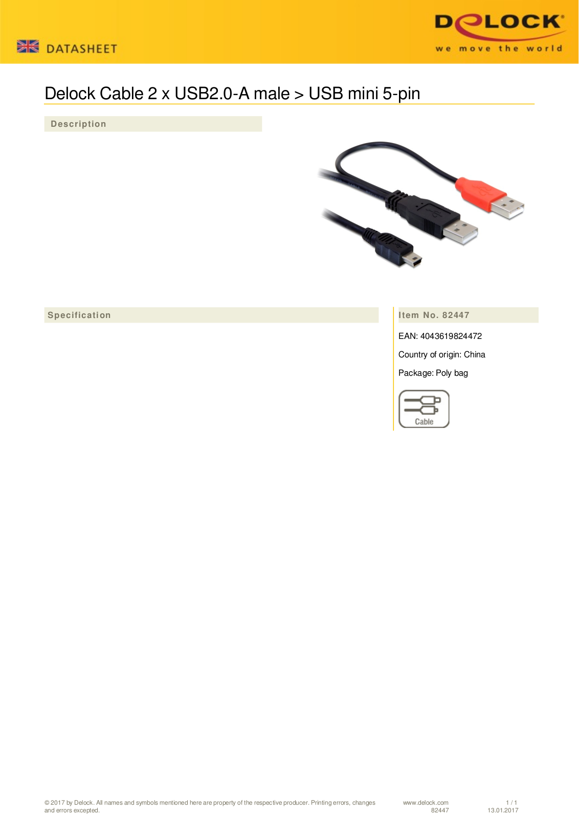 DeLOCK USB 2.0 Y cable, 2x A-mini-B 5-pin User Manual