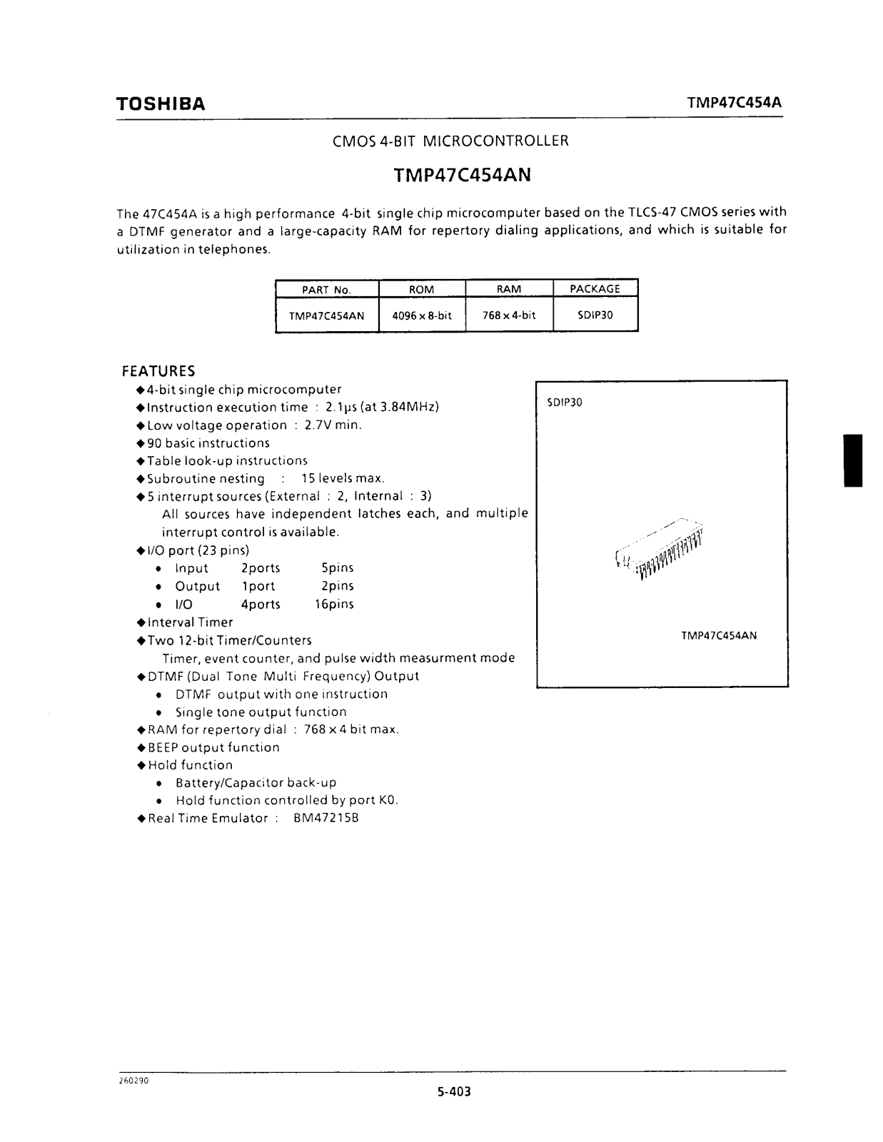 Toshiba TMP47C454AN Datasheet