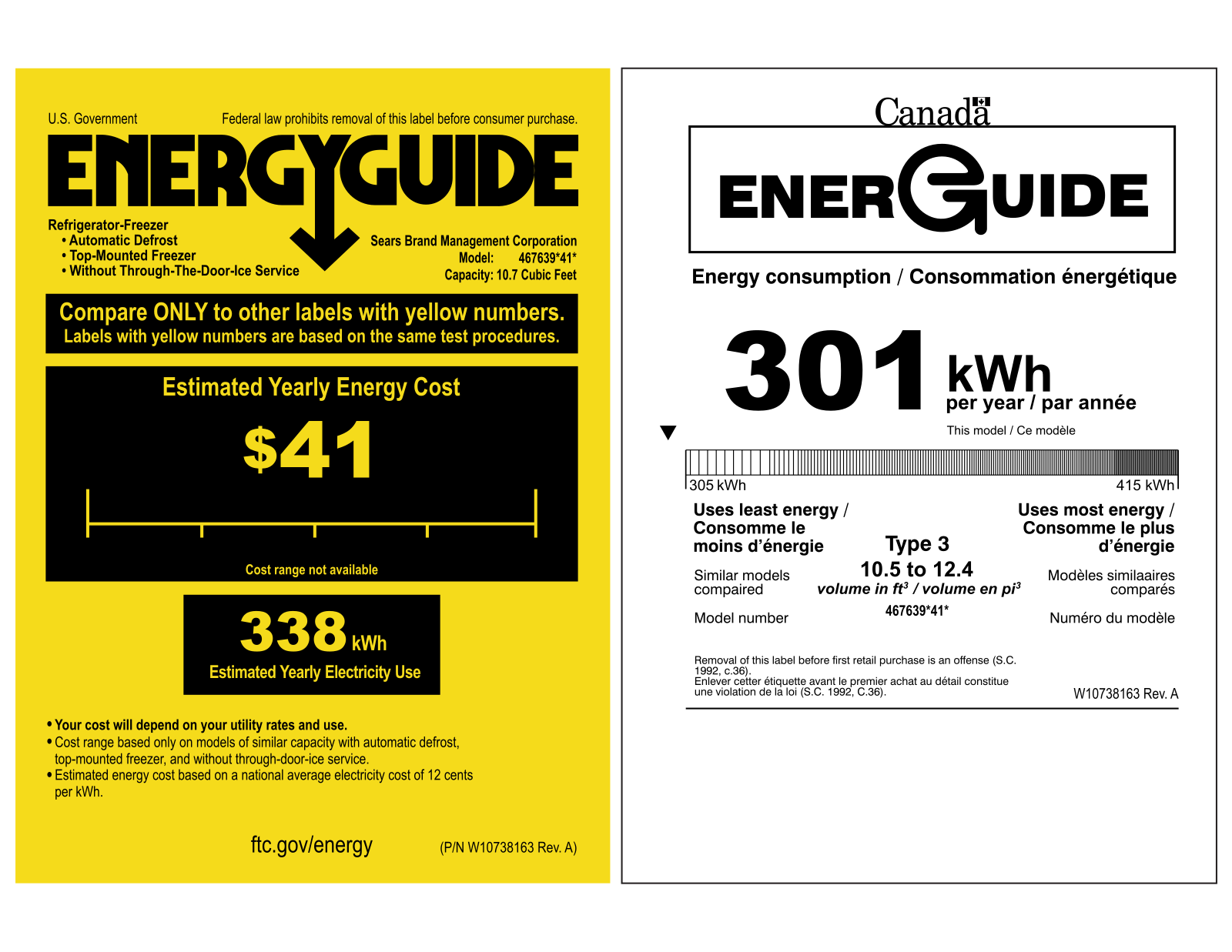 Kenmore 10.7 cu. ft. Top-Freezer Refrigerator Energy Guide