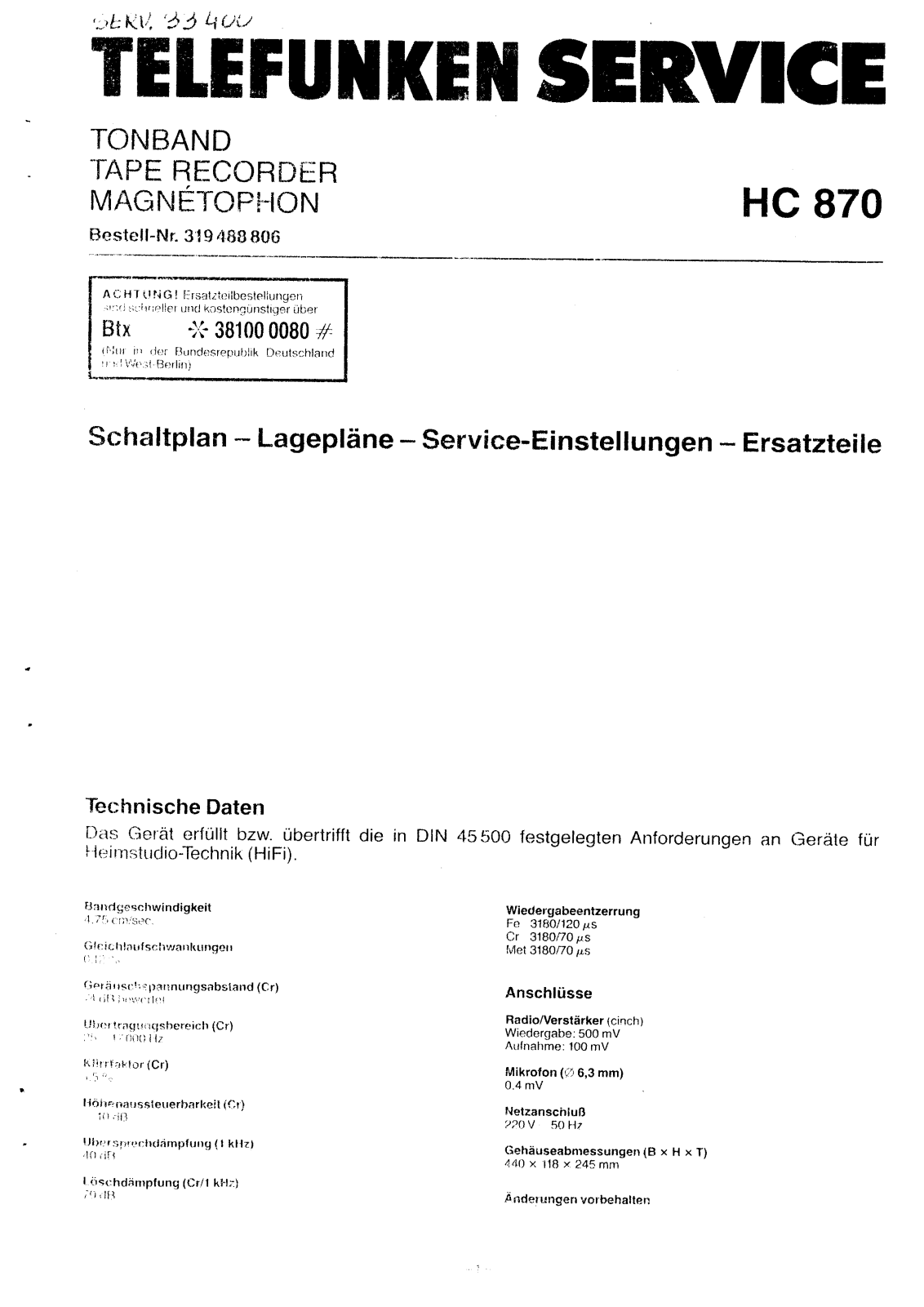 Telefunken HC870 Service Manual