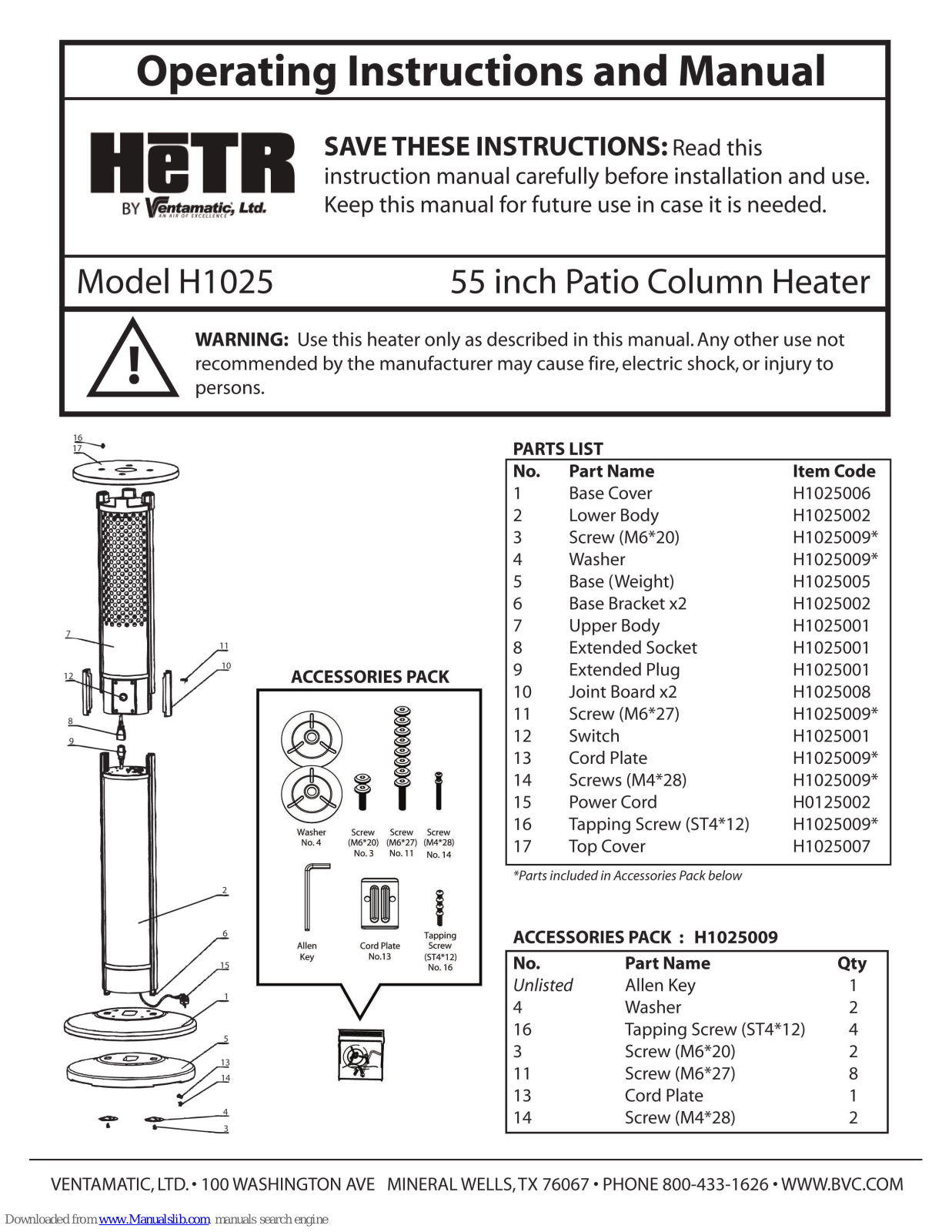 Ventamatic H1025 Operating Instructions Manual