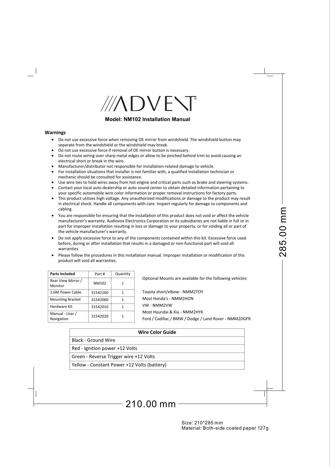 Audiovox NM102 Installation Manual