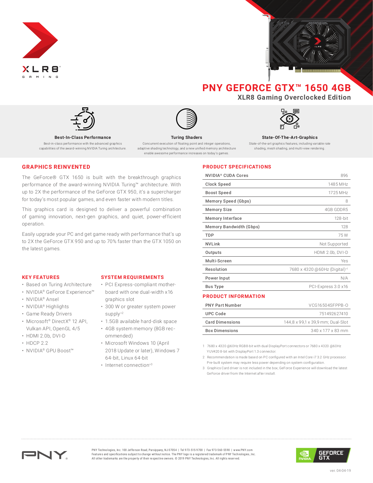 PNY VCG16504SFPPB-O Product Data Sheet