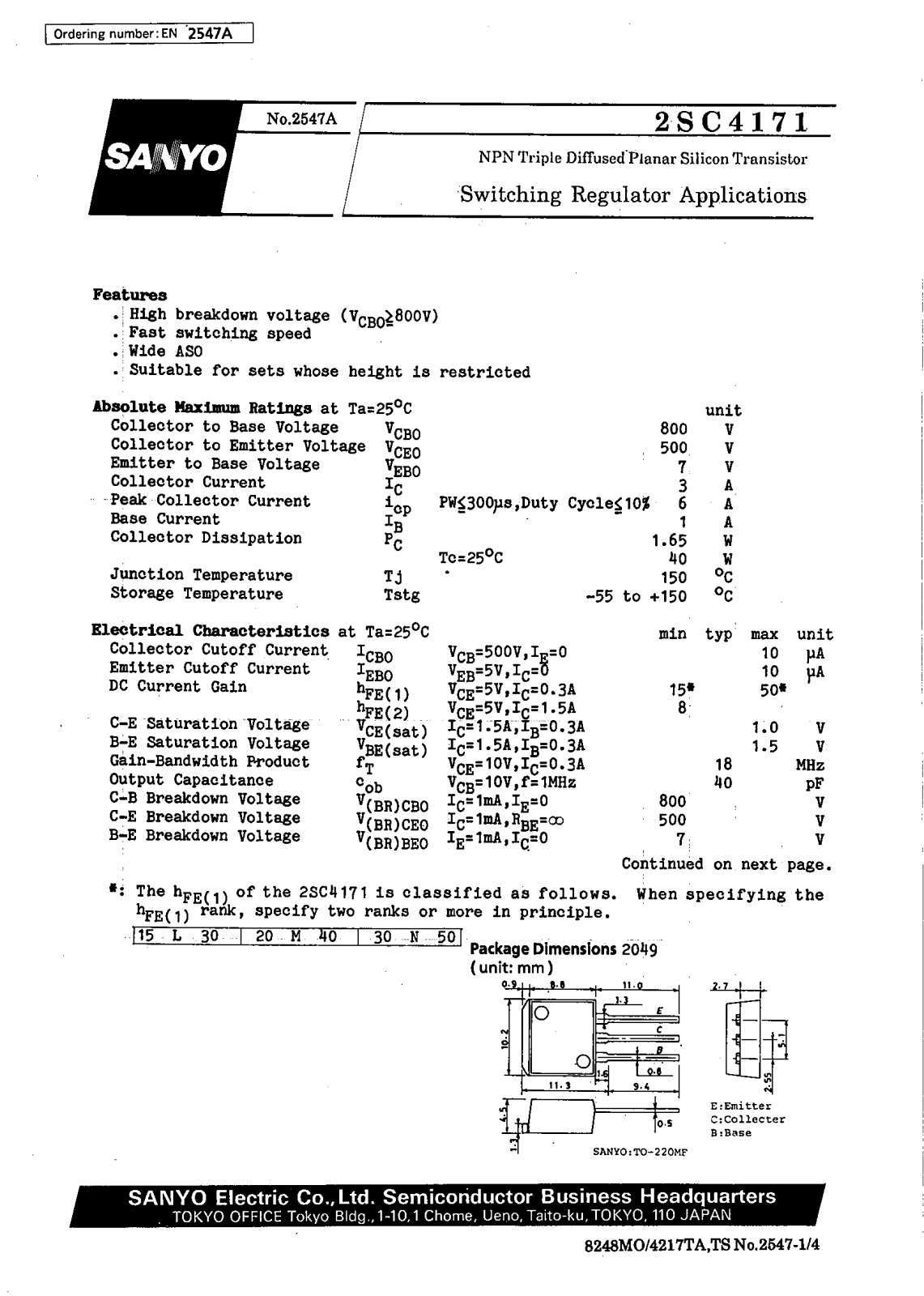 SANYO 2SC4171 Datasheet