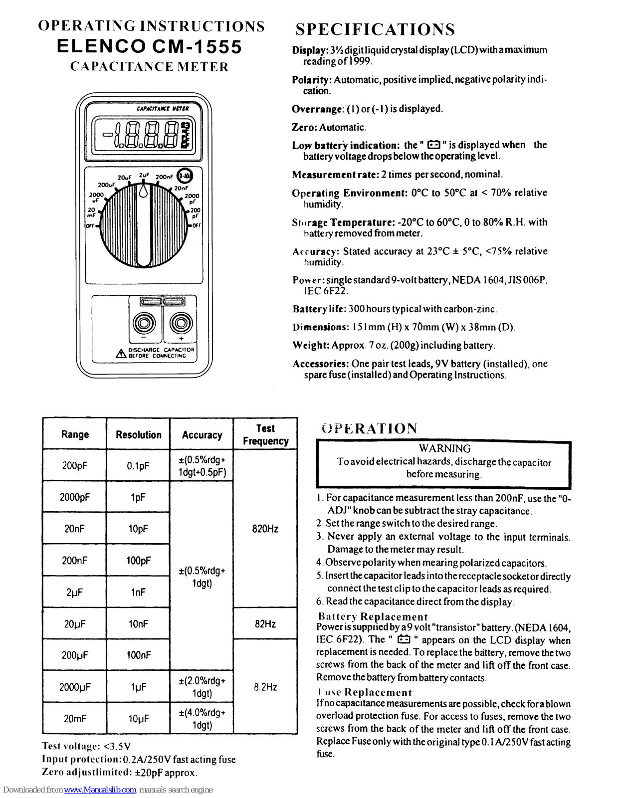 Elenco Electronics CM-1555 Operating Instructions Manual