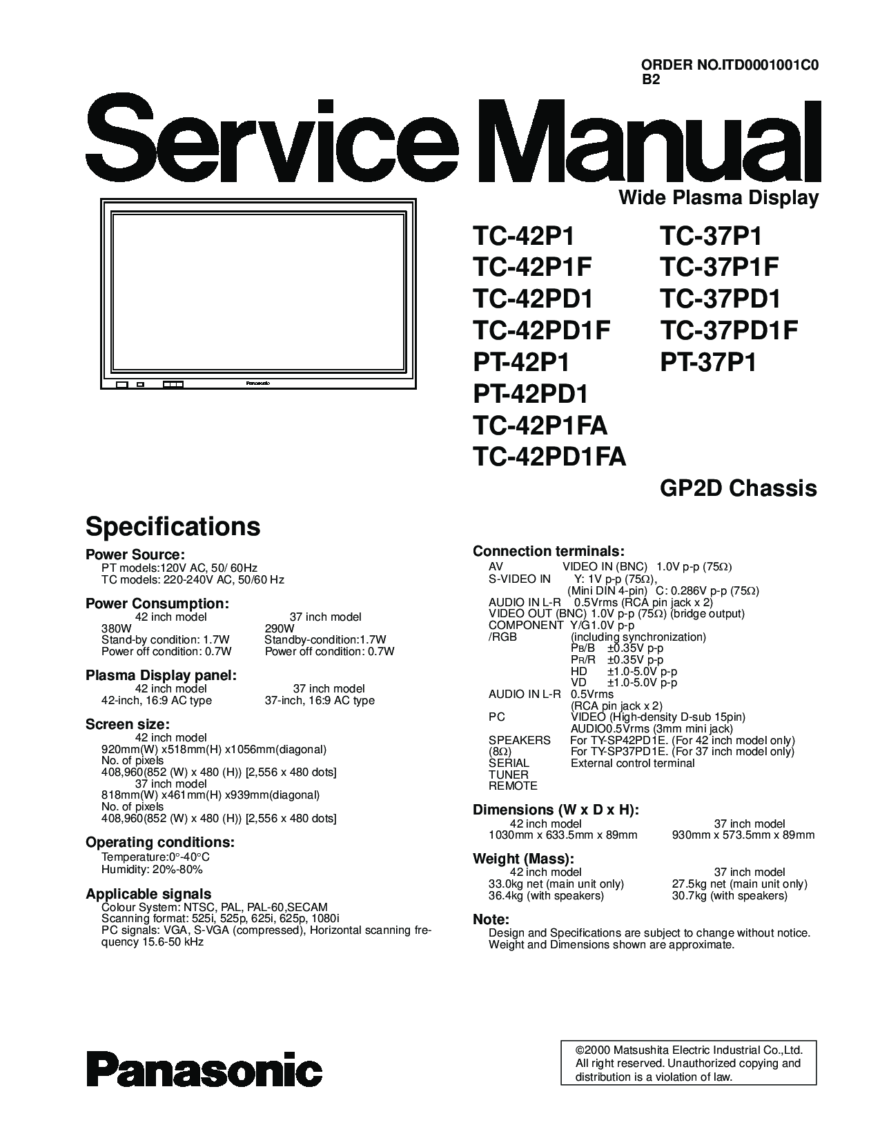 Panasonic TC-42P1, TC-42P1F, TC-42PD1, TC-42PD1F, PT-42P1 Service manual