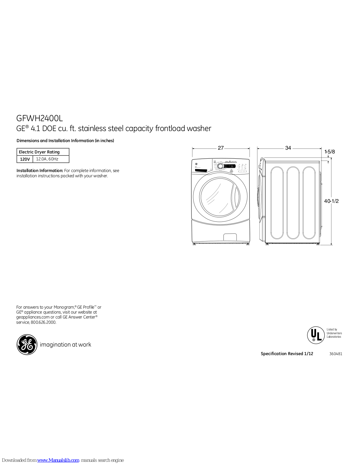 GE Profile GFWH2400L, GFWH2400LWW, GE Profile GFWH2405L, GE Profile GFWH2405LMV, SBSD137HWW Dimensions And Installation Information