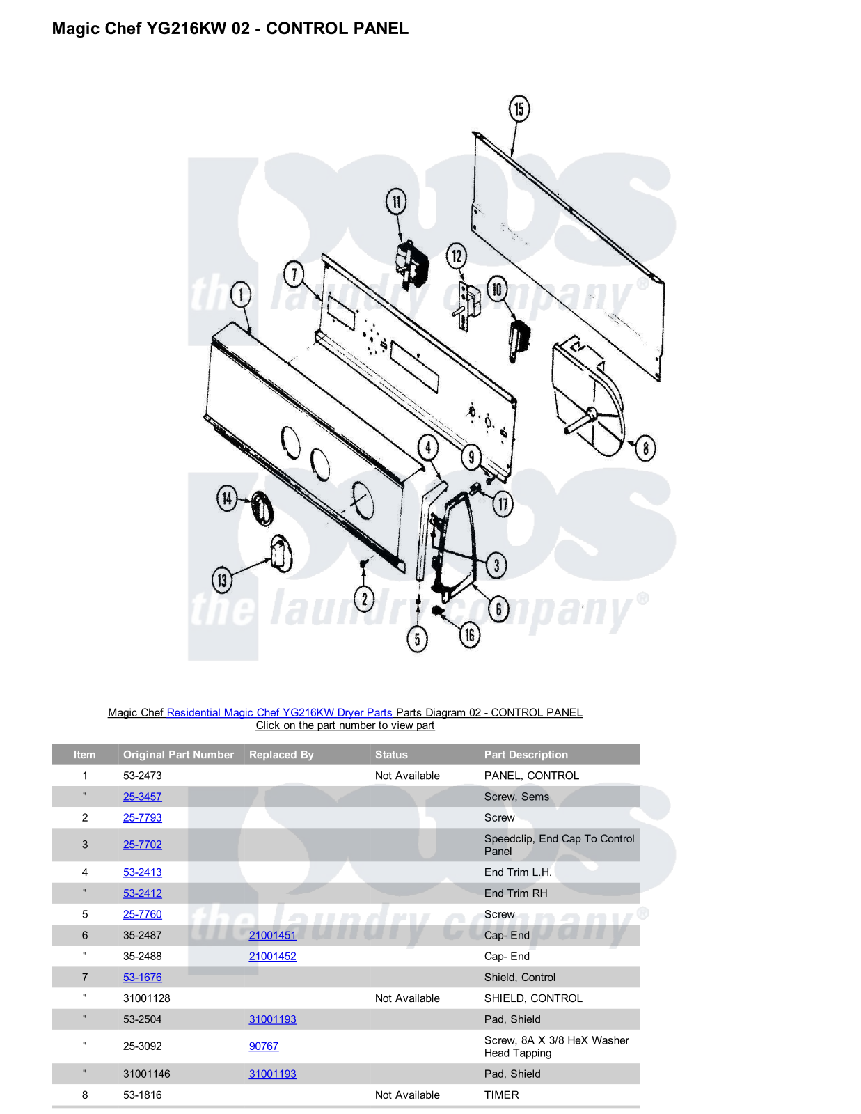 Magic Chef YG216KW Parts Diagram