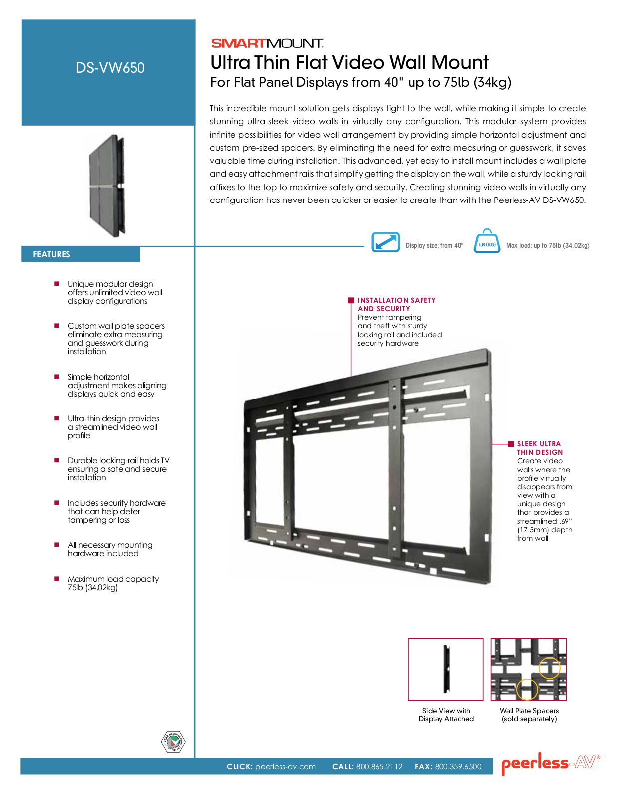 Peerless-AV DS-VW650 Specsheet