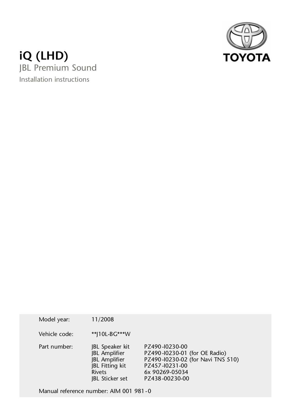 Toyota IQ Jbl Premium Sound Lhd 2008 Owner's Manual