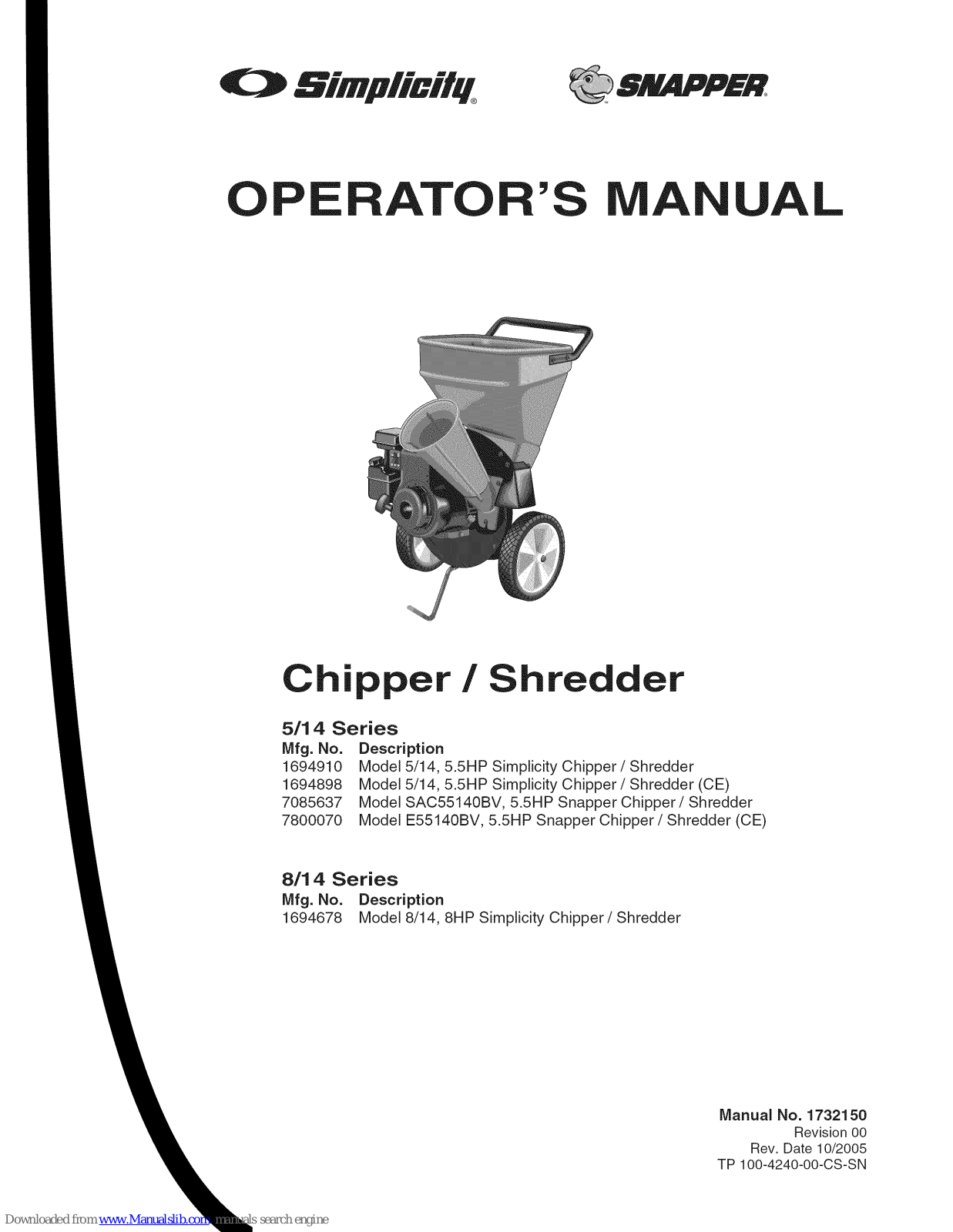 Simplicity 1694910, 5/14, 8/14, 1694898, Snapper 7065637 Operator's Manual - ManualMachine.com