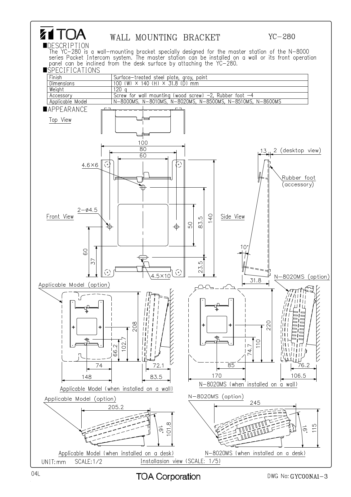 TOA YC-280 User Manual