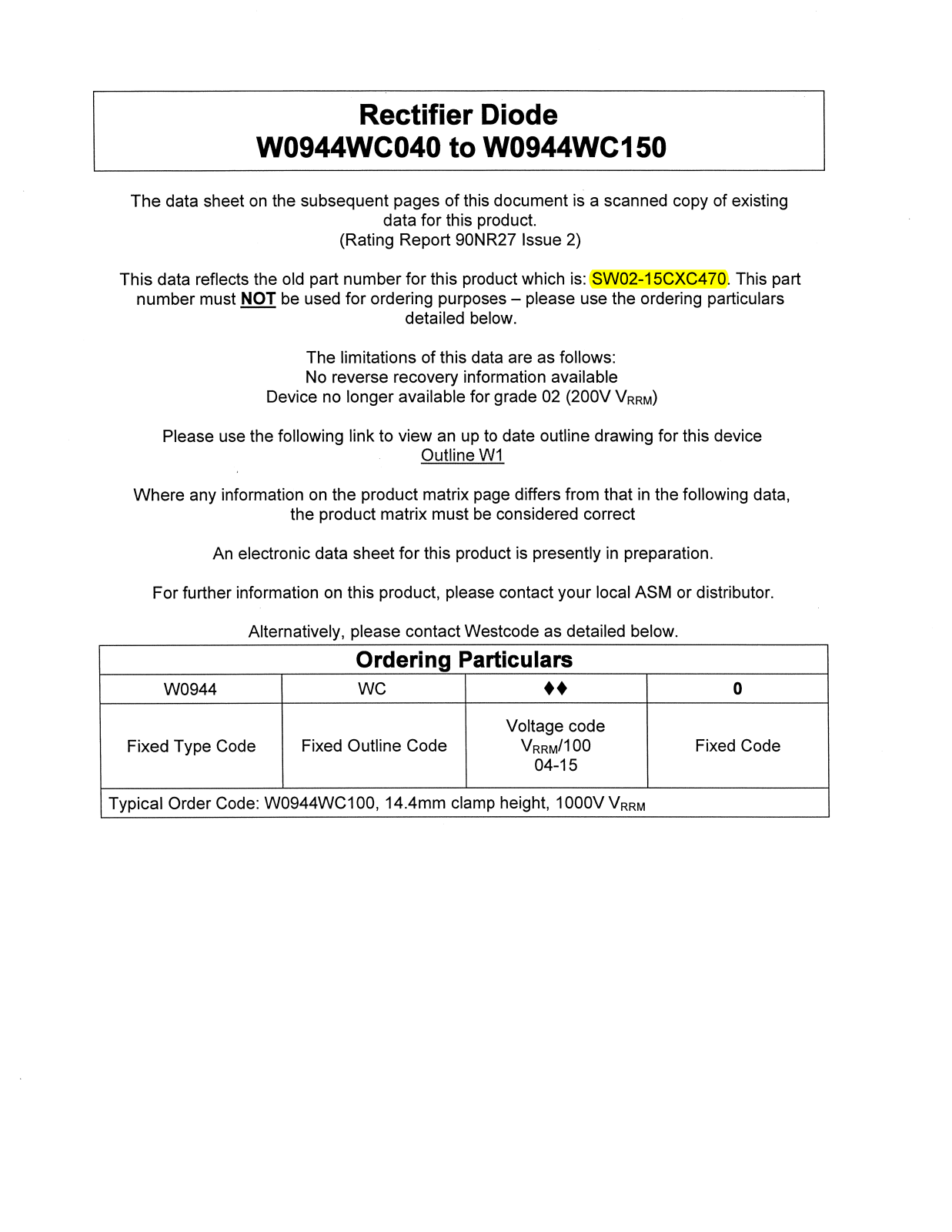 Datasheet W0944WC040, W0944WC150 Datasheet (Westcode Semiconductors) - ManualMachine.com