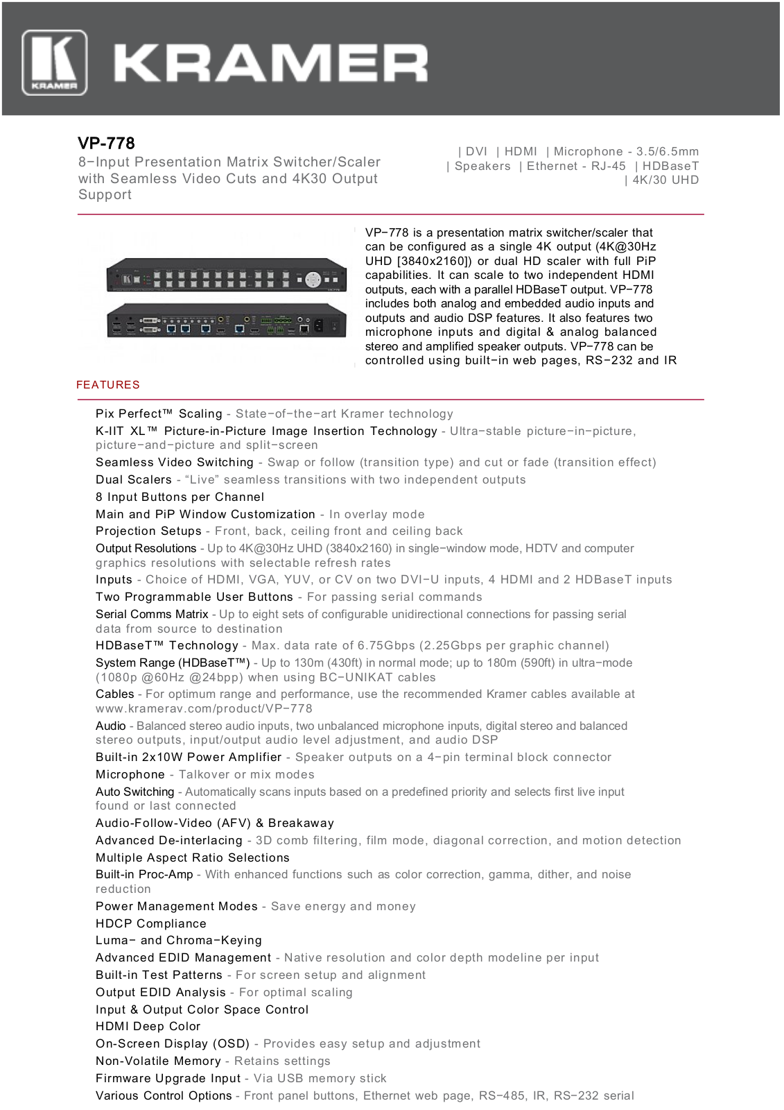 Kramer VP-778/110V Data Sheet