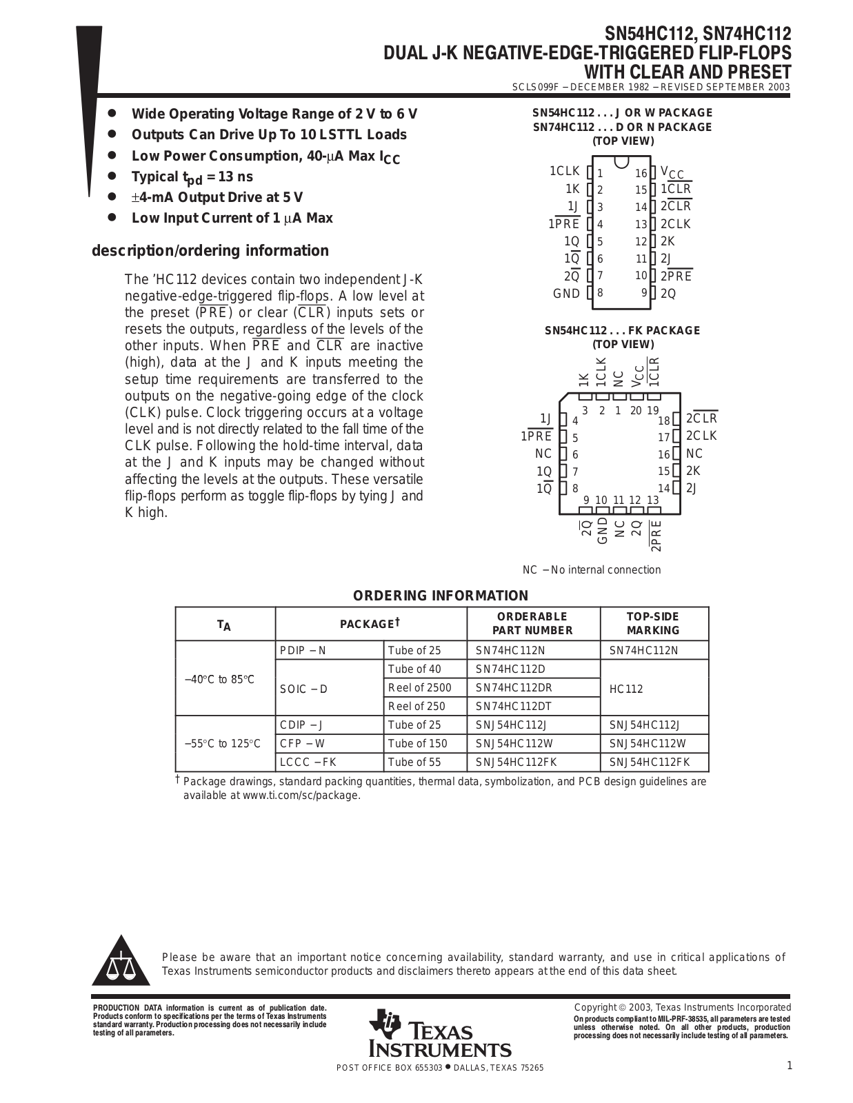 TEXAS INSTRUMENTS SN74HC112 Technical data