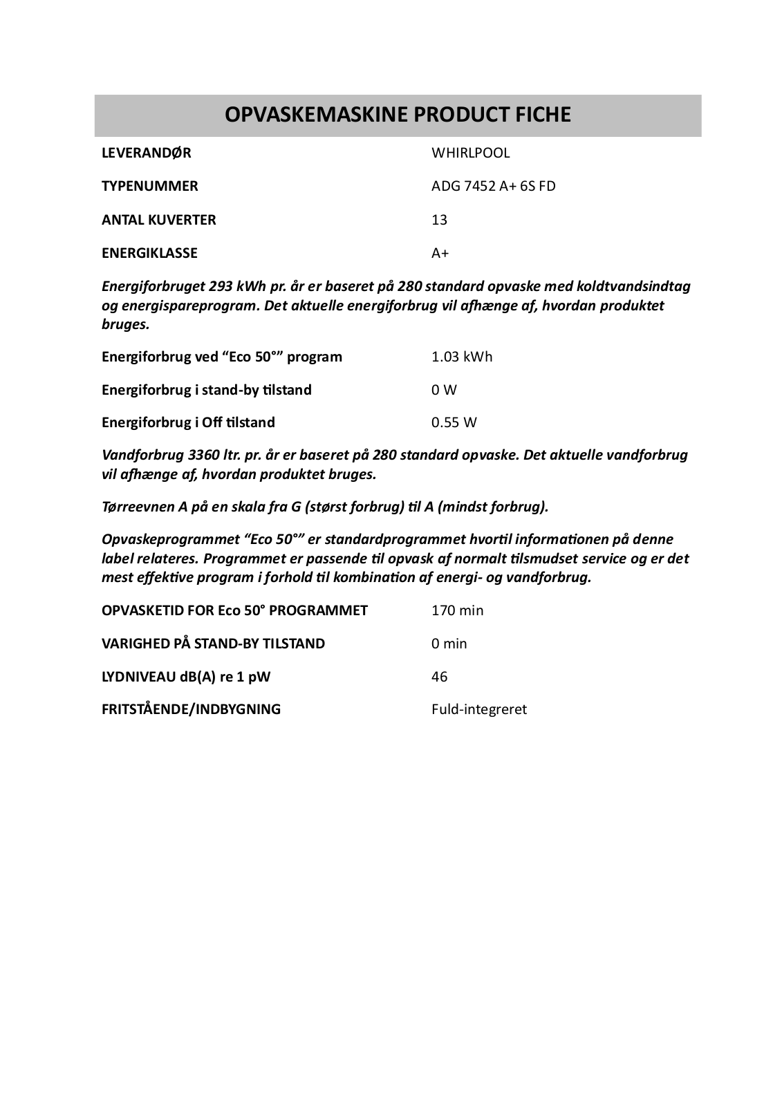 Whirlpool ADG 7452 A 6S FD PRODUCT SHEET