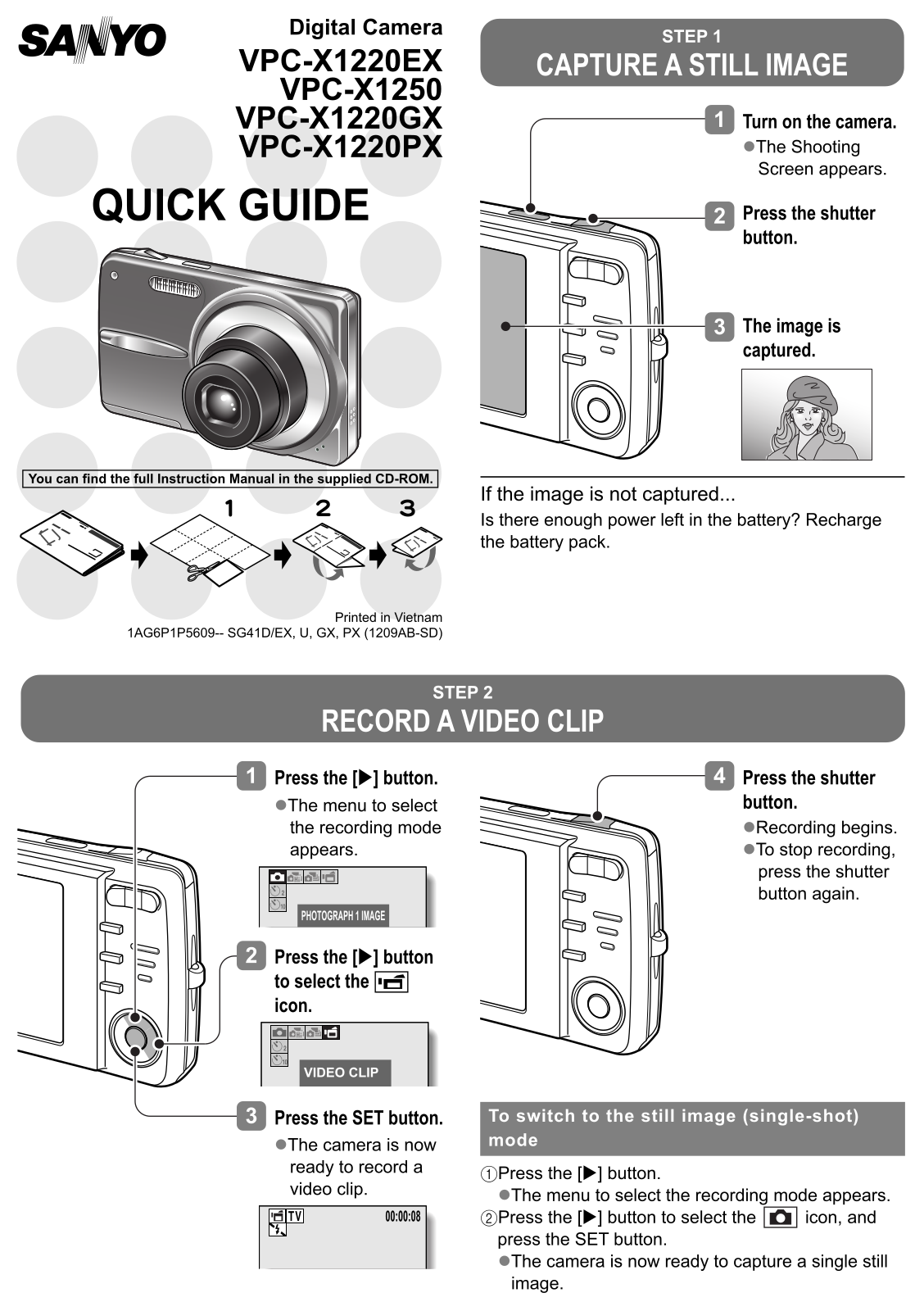 Sanyo VPC-X1220EX, VPC-X1250, VPC-X1220GX, VPC-X1220PX Quick Start Guide