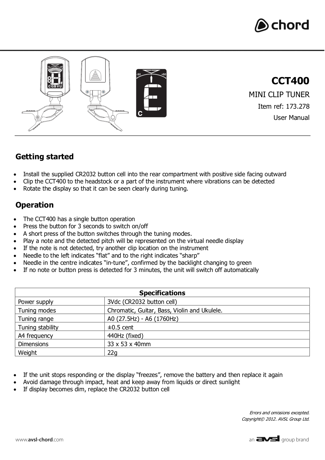 AVSL CCT400 User Manual