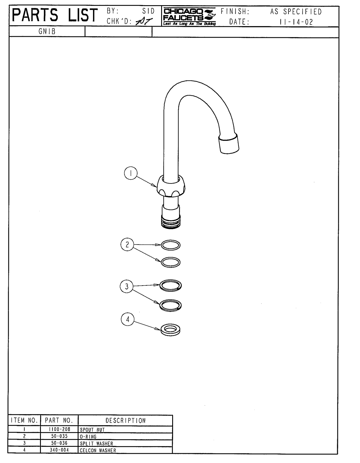 Chicago Faucet GN1BJKCP Parts List