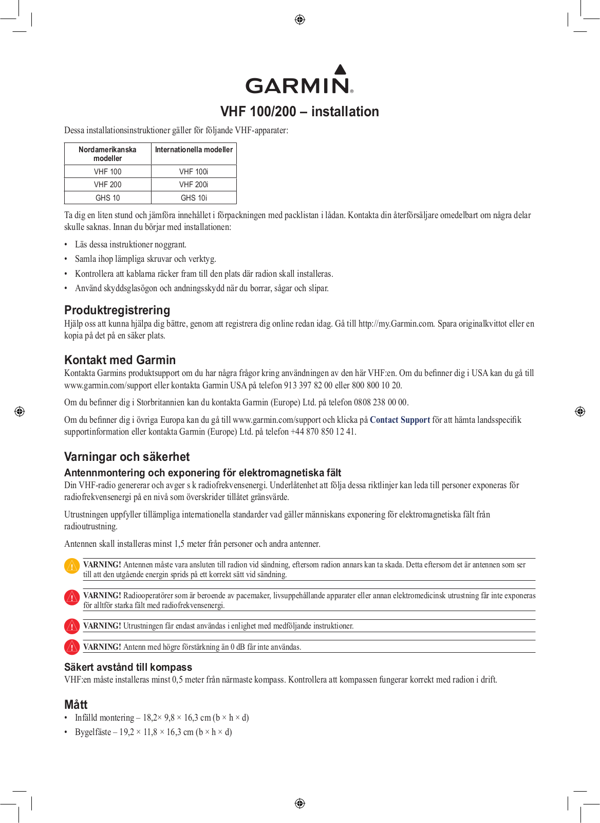 Garmin VHF 200, VHF 100 Installation manual