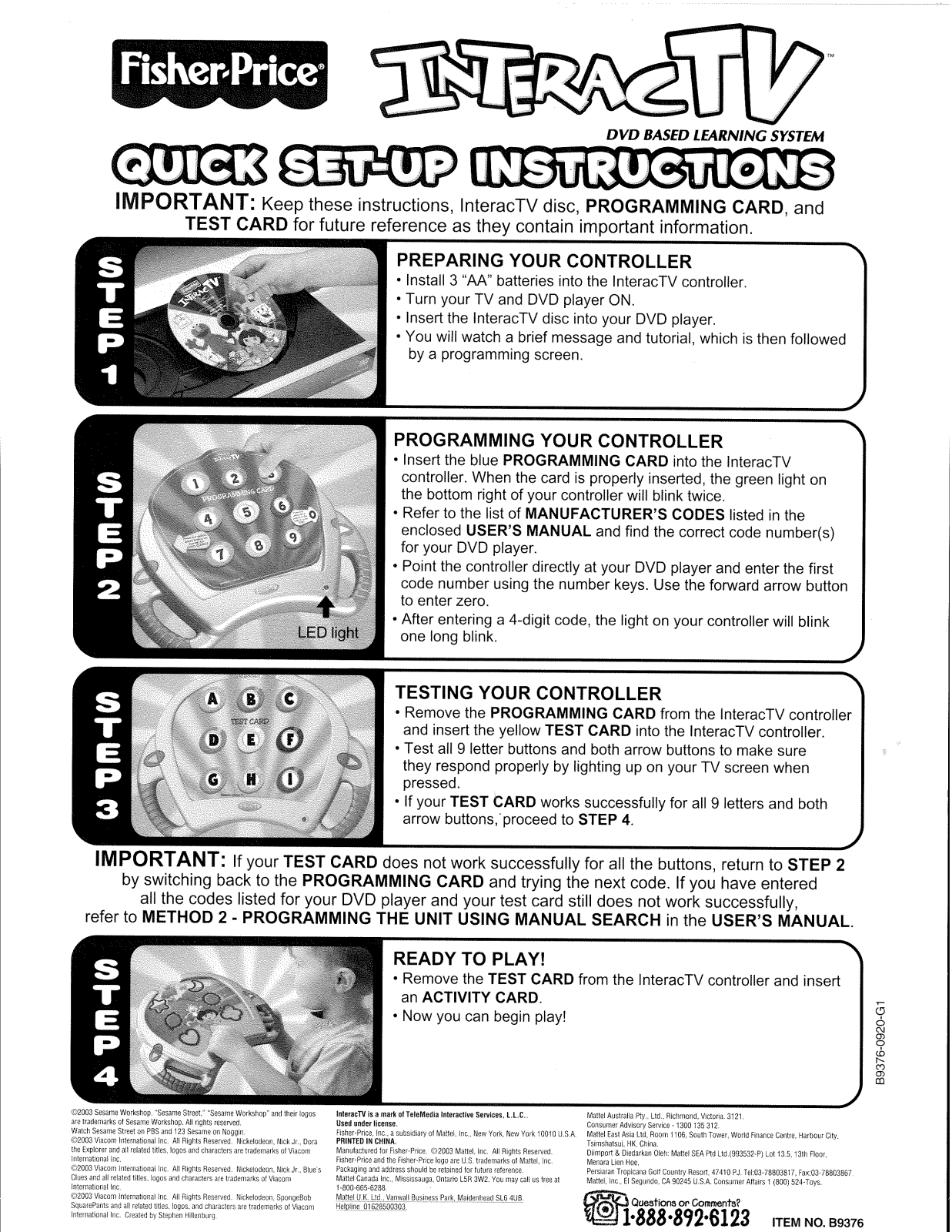 Fisher-Price B9376, J2299 Instruction Sheet