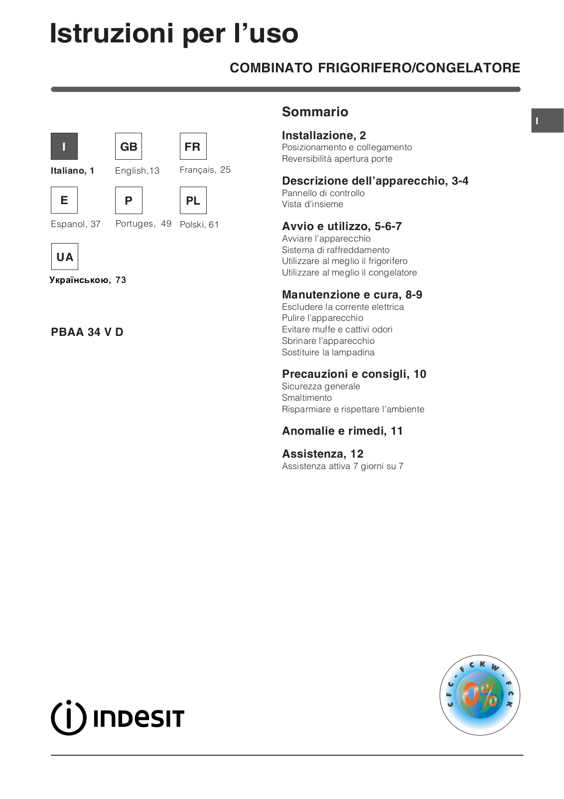 INDESIT PBAA 34 V D User Manual