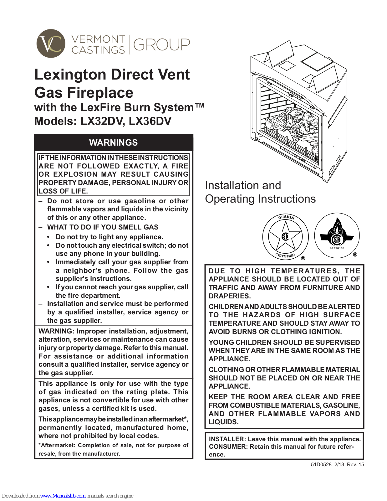 Vermont Castings Lexington LX32DV, Lexington LX36DV Installation And Operating Instructions Manual