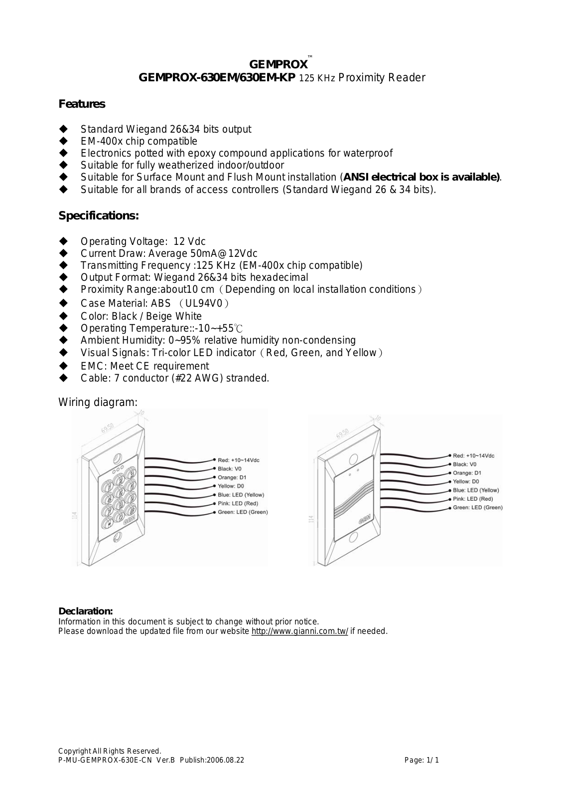 Gianni Industries 630EM-KP, 630EM User Manual