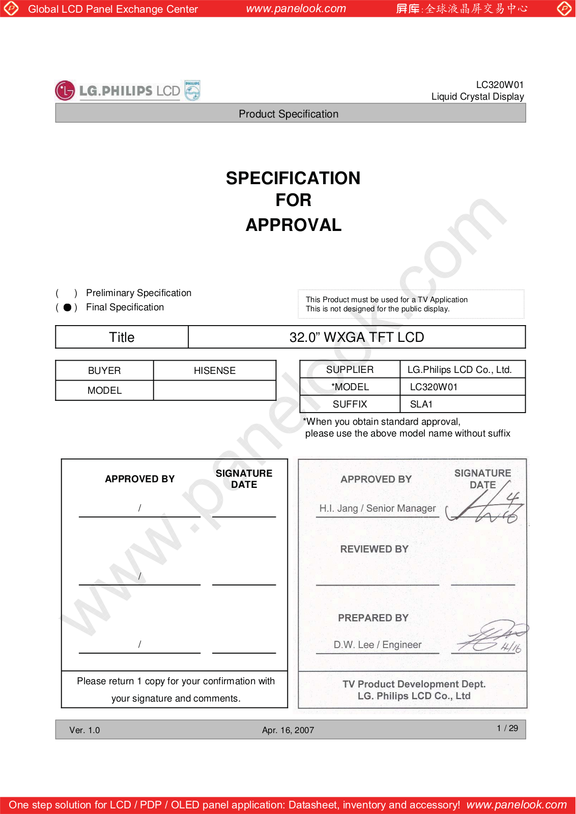 LG.Philips LCD LC320W01-SLA1 Specification