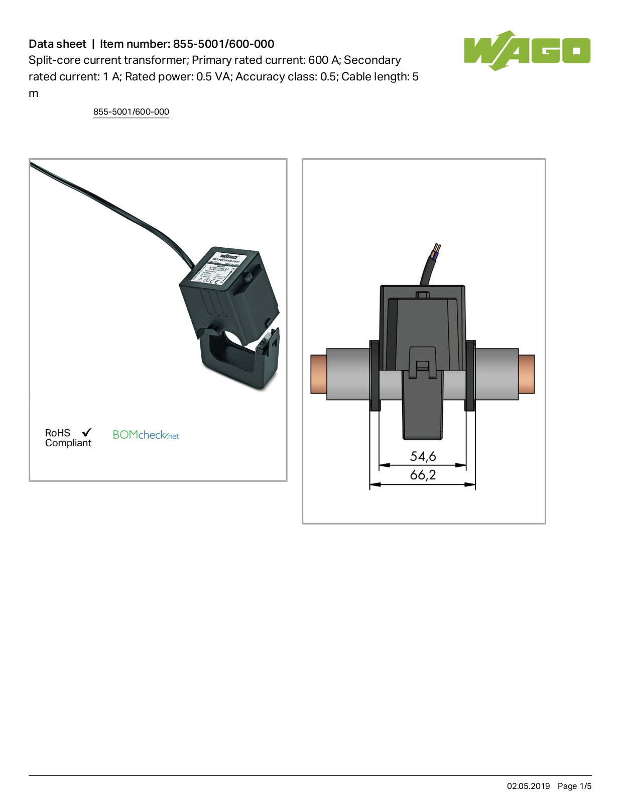 Wago 855-5001/600-000 Data Sheet