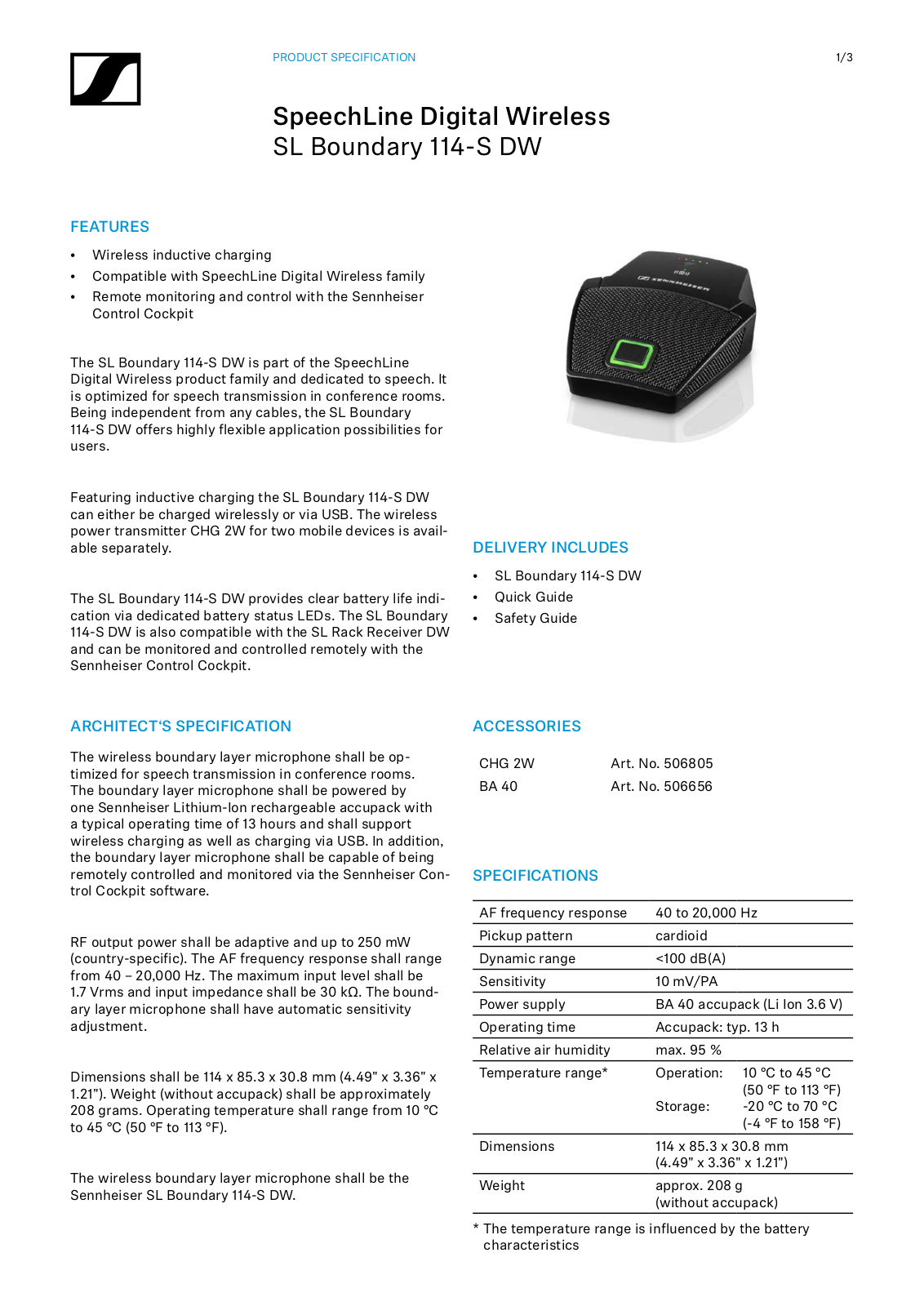 Sennheiser SL-BOUNDARY-ST-DW-4 Datasheet