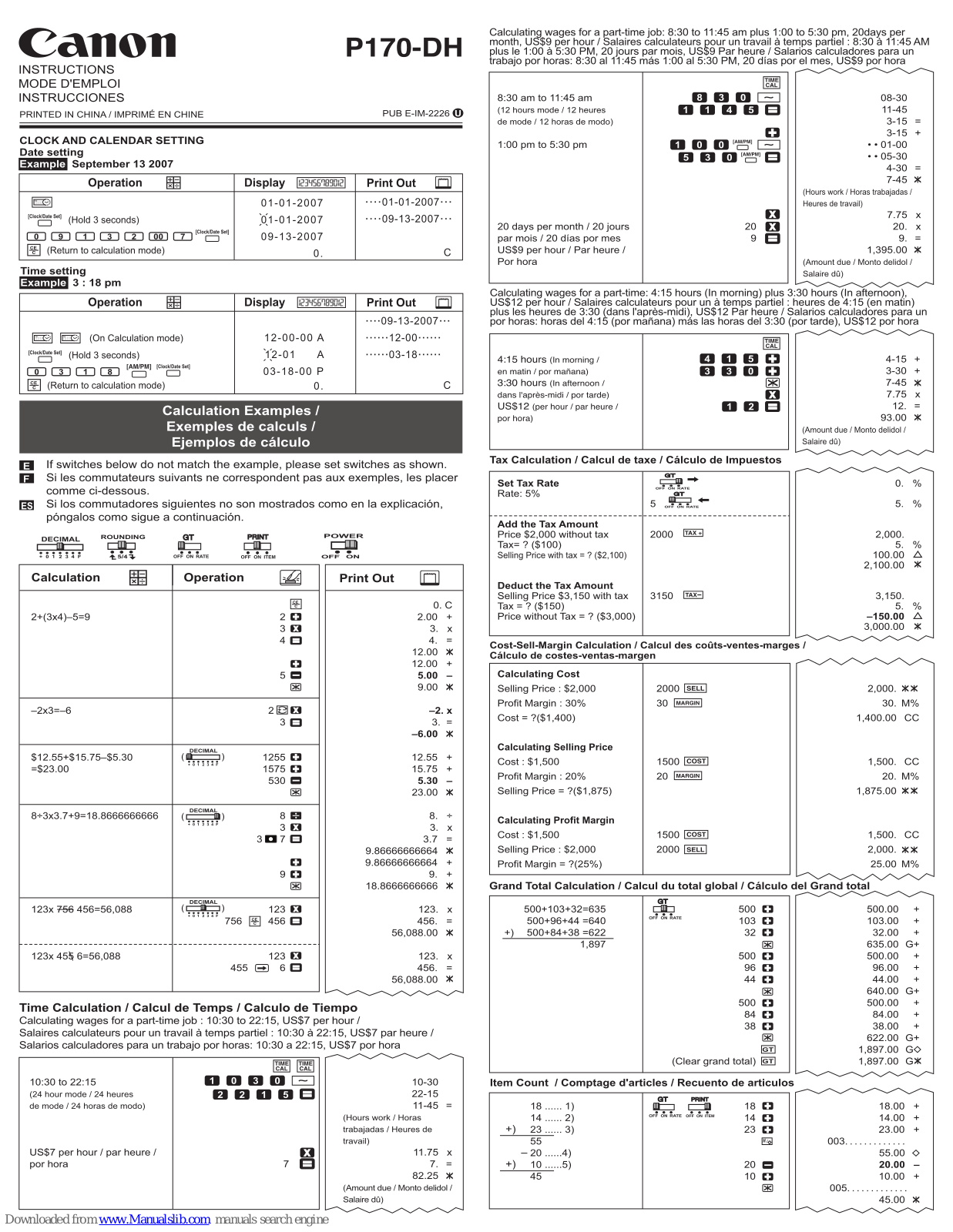 Canon P170DH - Desktop Calculator, 12-Digit Fluorescent Instructions Manual