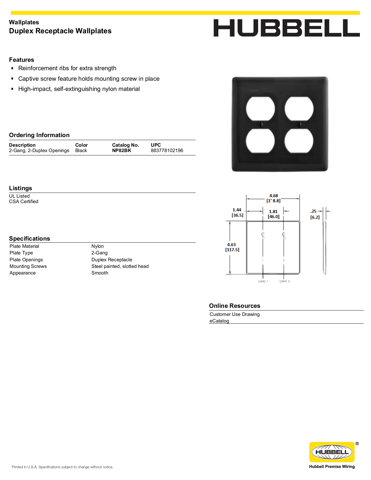 Hubbell NP82BK Specifications