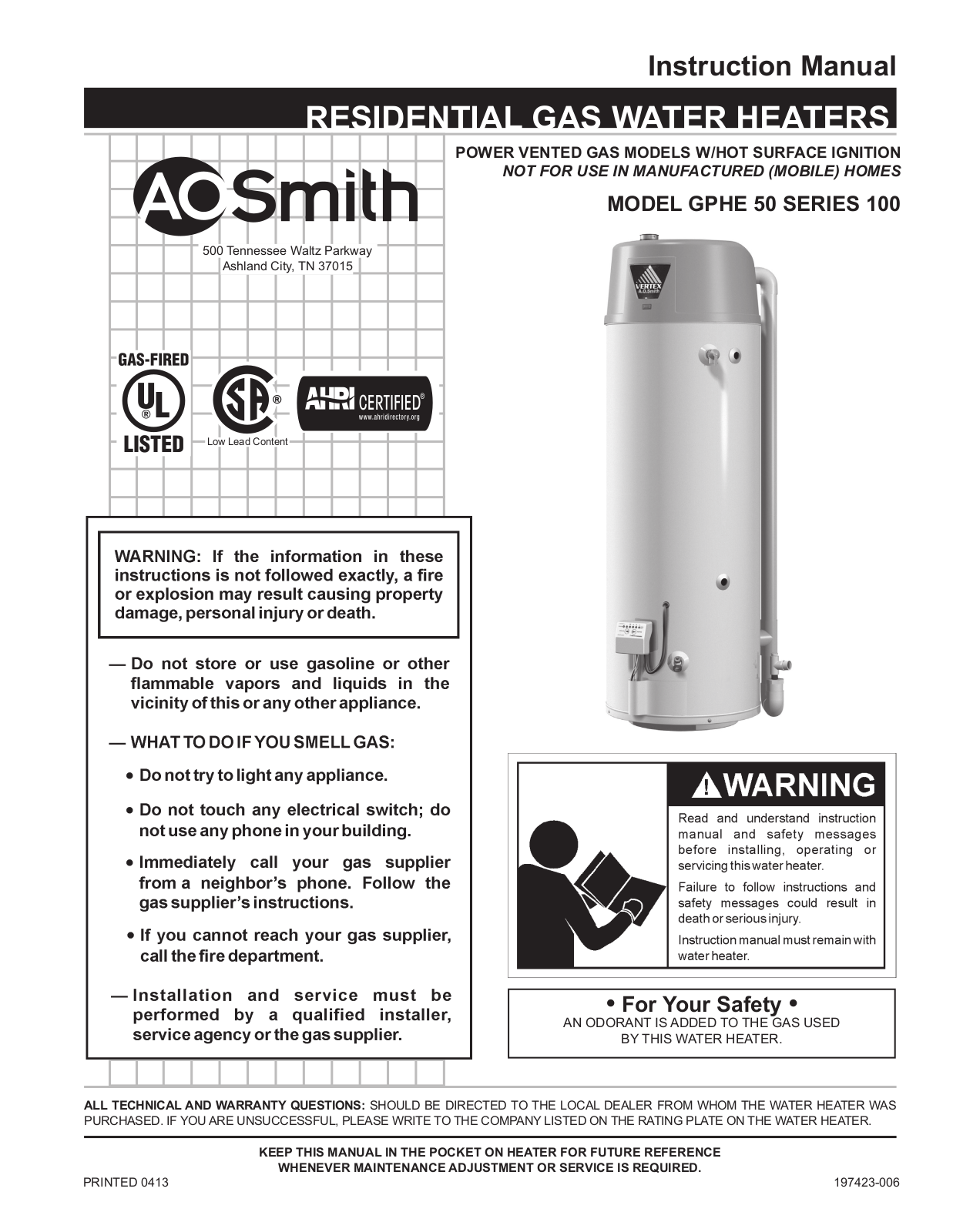 A. O. Smith GPHE-50 Installation  Manual