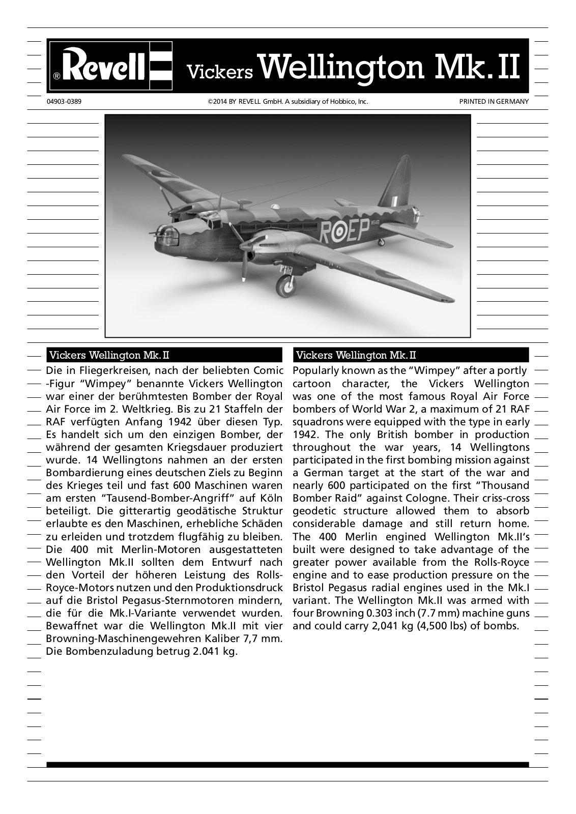 REVELL Vickers Wellington Mk.II Assembly Manual