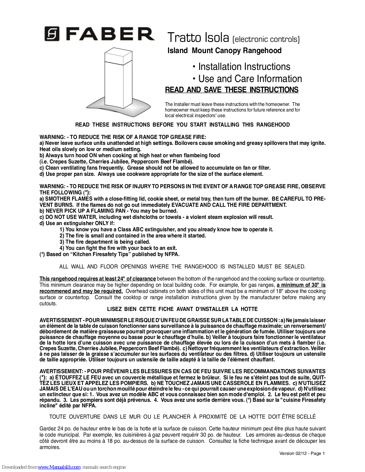 Faber Tratto Isola, Diamante Isola, Dama Isola, stilo lsola Installation Instructions Manual